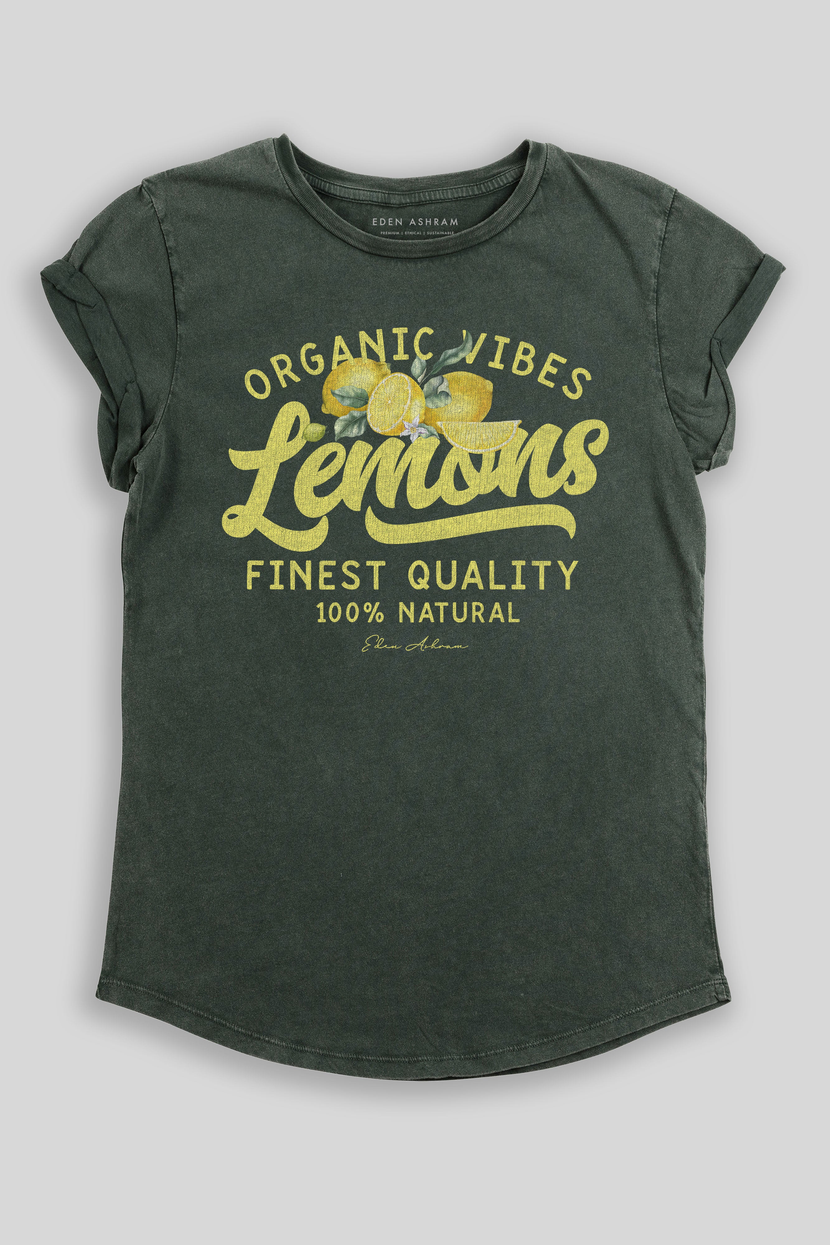 Eden Ashram Lemons Premium Rolled Sleeve T-Shirt Stonewash Green