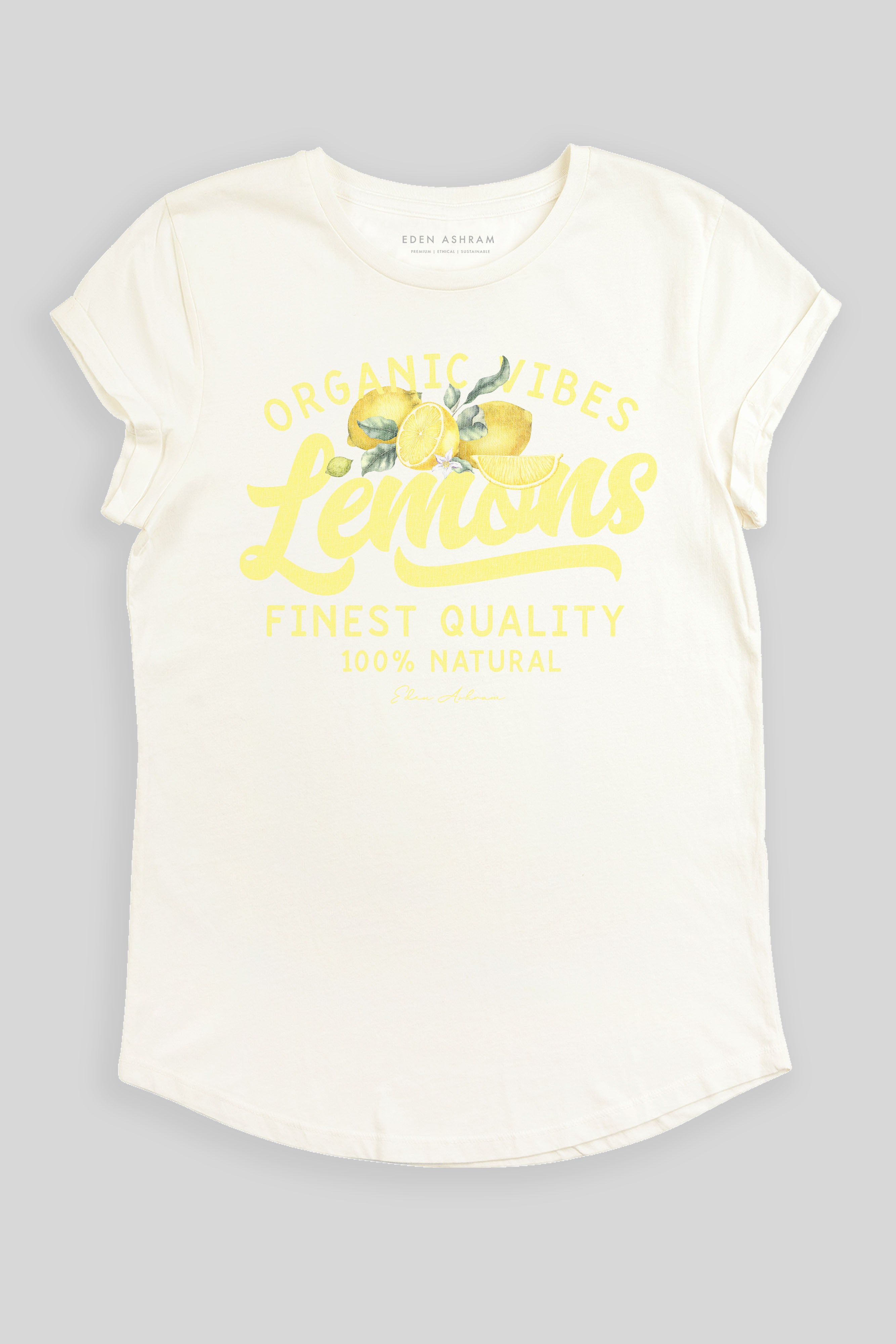 Eden Ashram Lemons Premium Rolled Sleeve T-Shirt Stonewash White