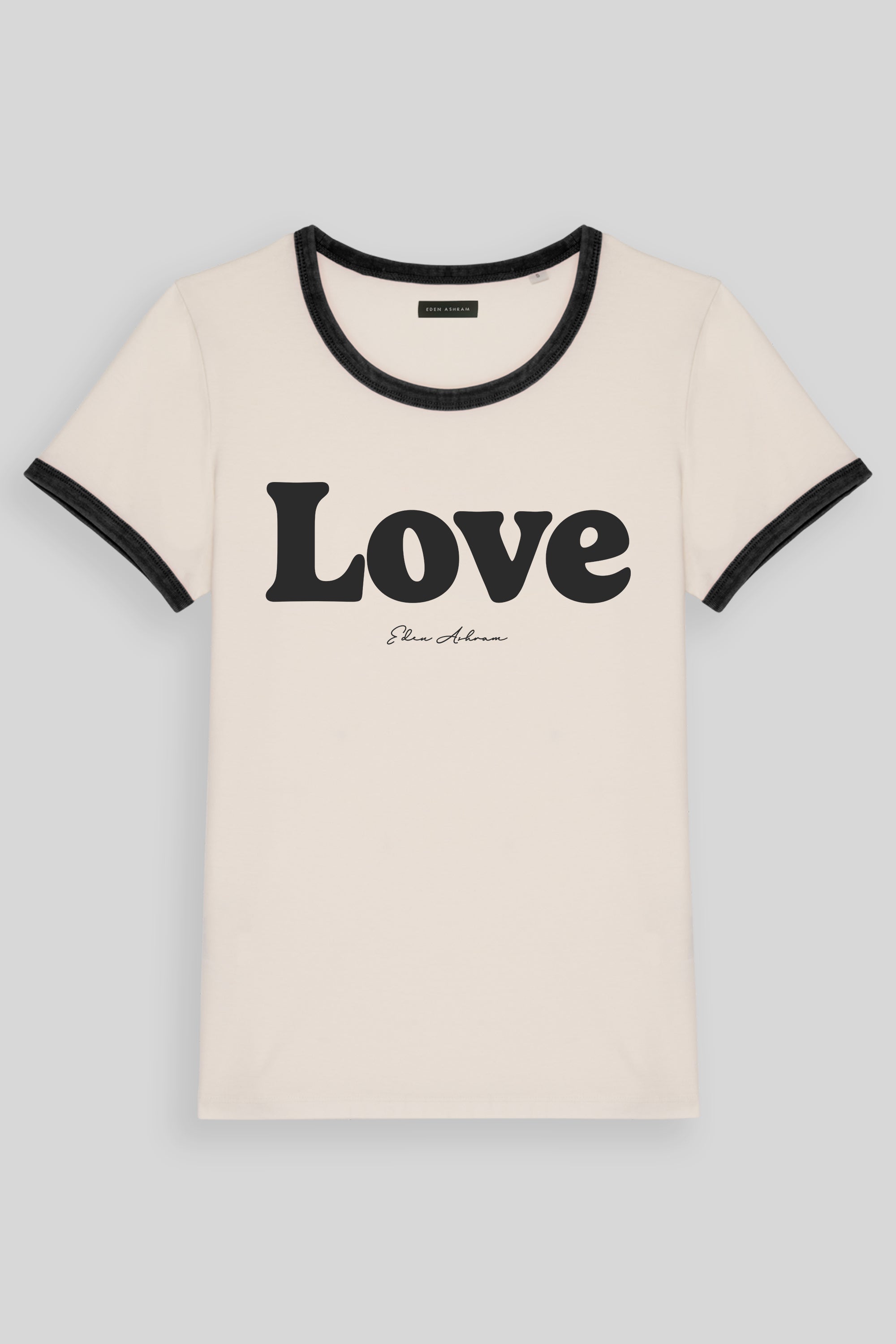 An off-white ringer t-shirt with black trim on the crew neck and sleeve cuffs, featuring the word 'Love' printed in bold black letters across the chest