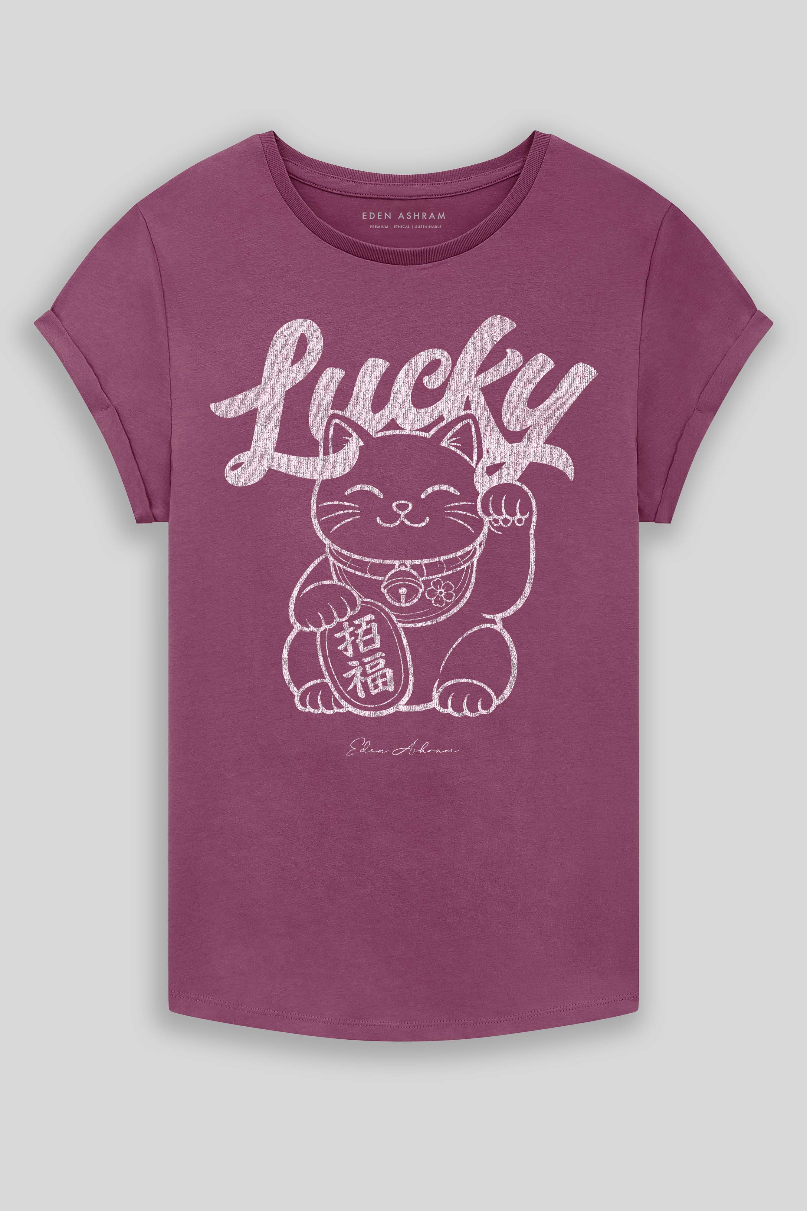 Eden Ashram Lucky Cat Premium Rolled Sleeve T-Shirt Faded Burgundy
