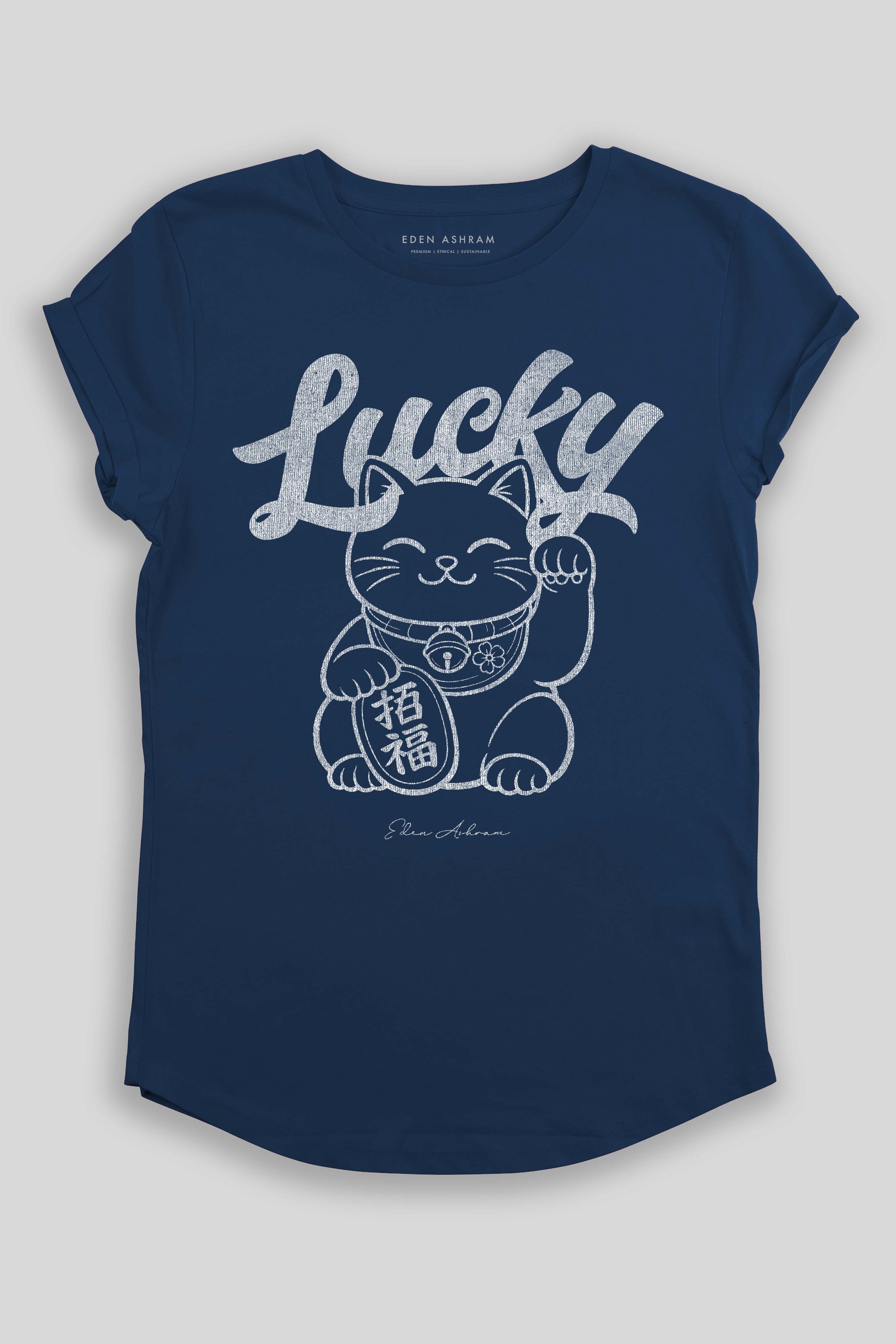Eden Ashram Lucky Cat Premium Rolled Sleeve T-Shirt French Navy