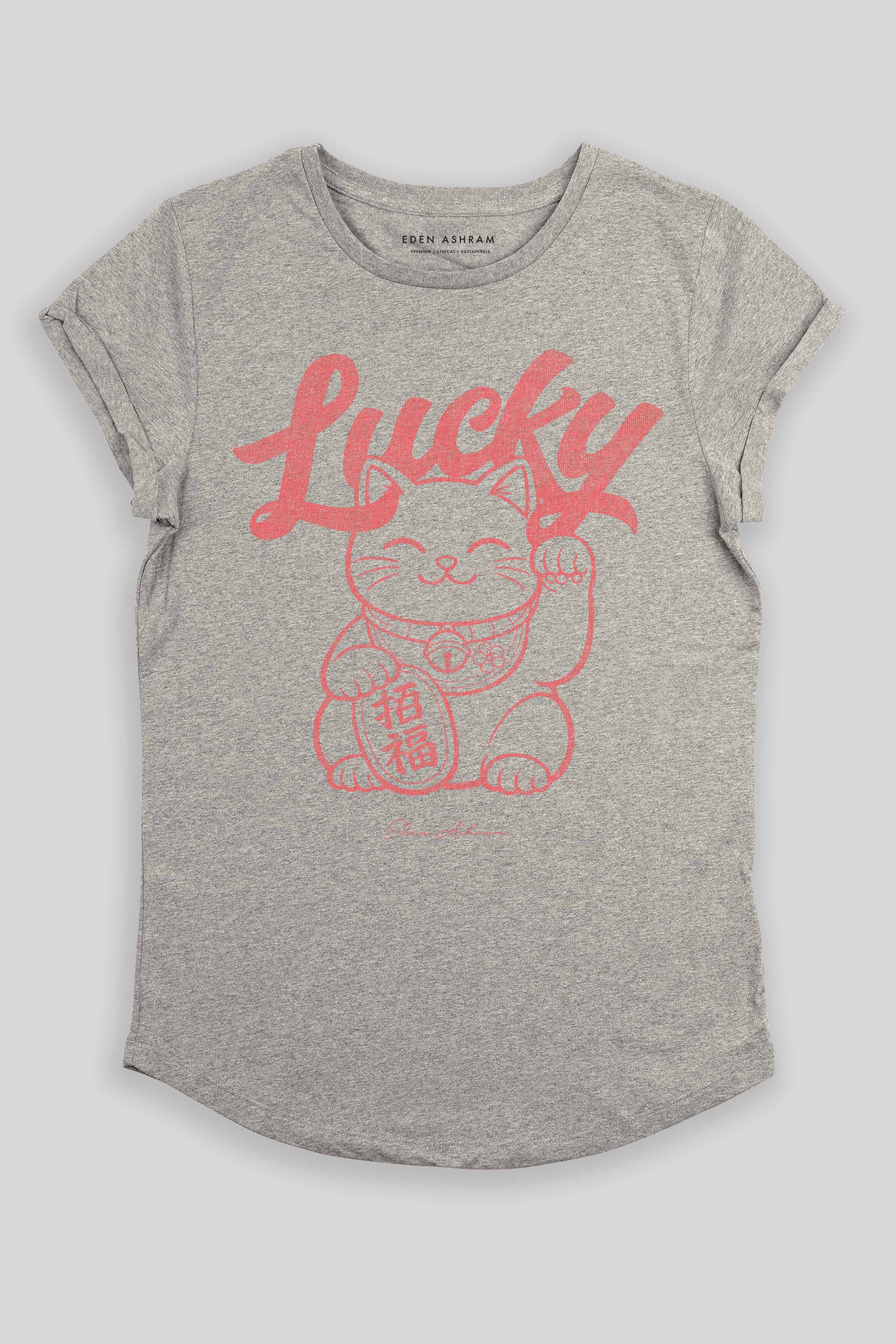 Eden Ashram Lucky Cat Premium Rolled Sleeve T-Shirt Heather Grey