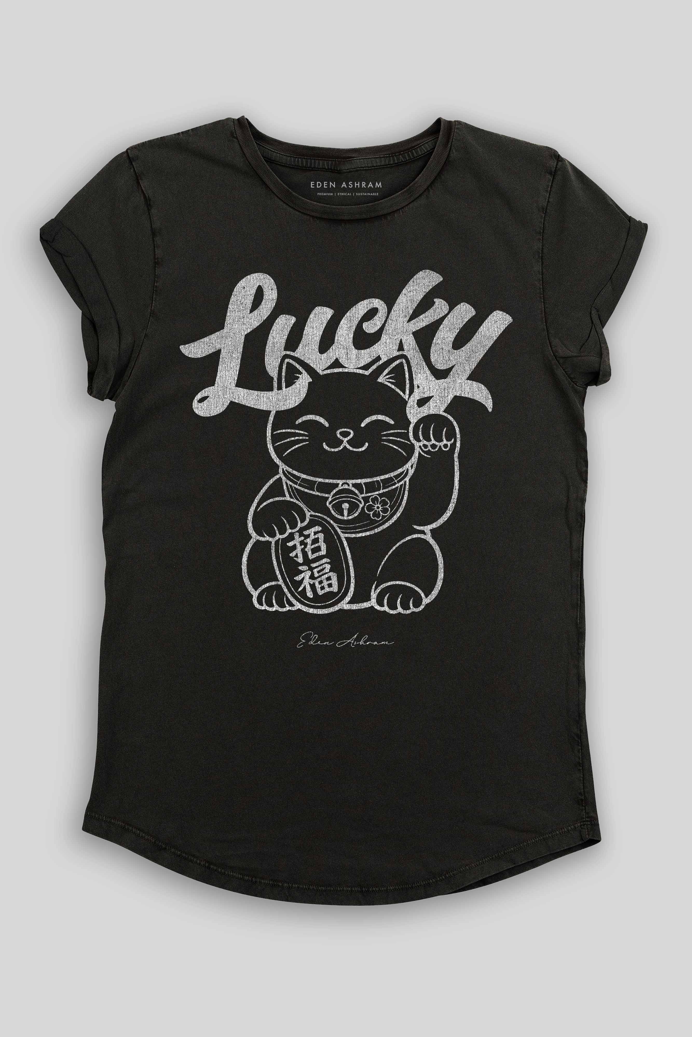 Eden Ashram Lucky Cat Premium Rolled Sleeve T-Shirt Stonewash Black