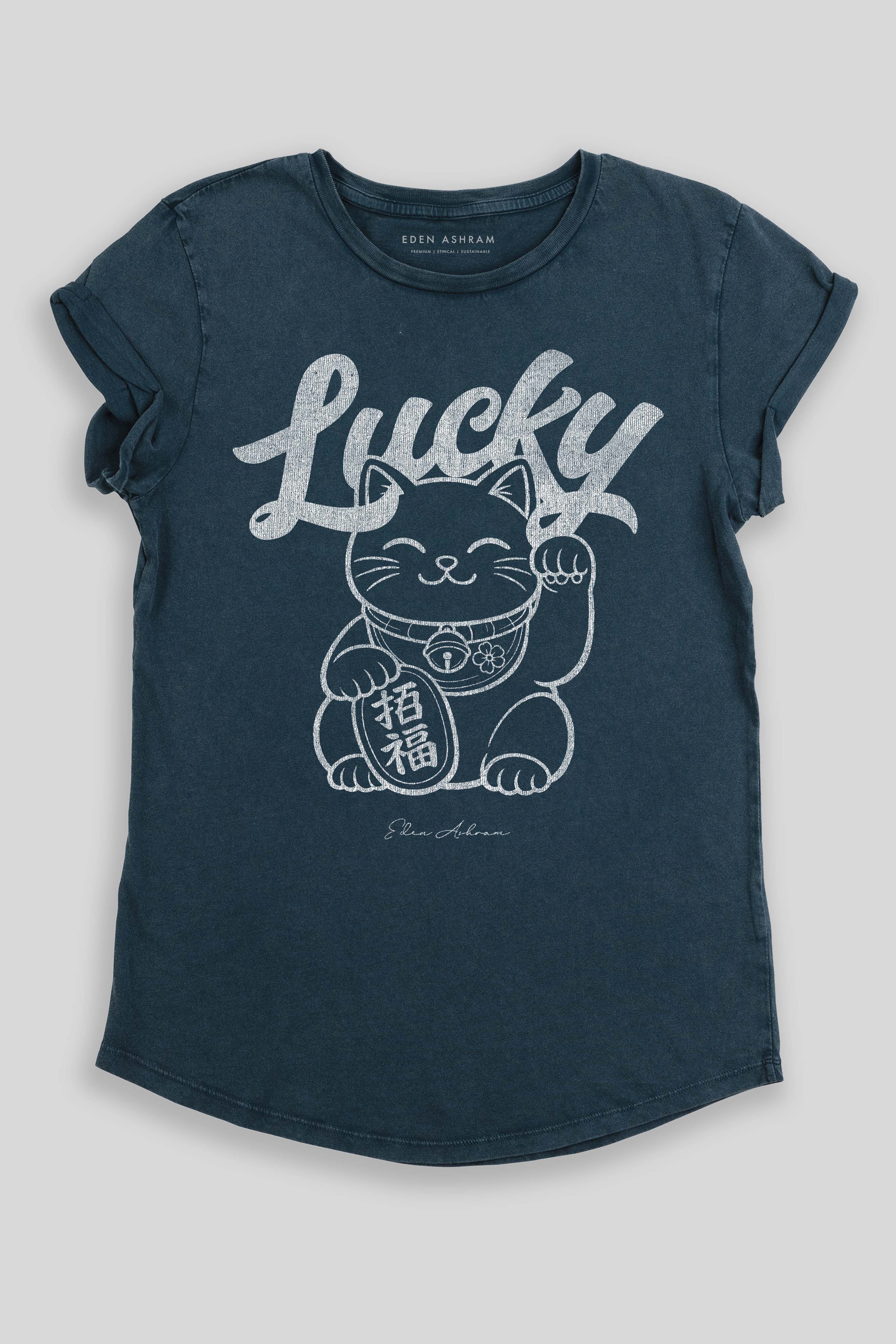 Eden Ashram Lucky Cat Premium Rolled Sleeve T-Shirt Stonewash Denim