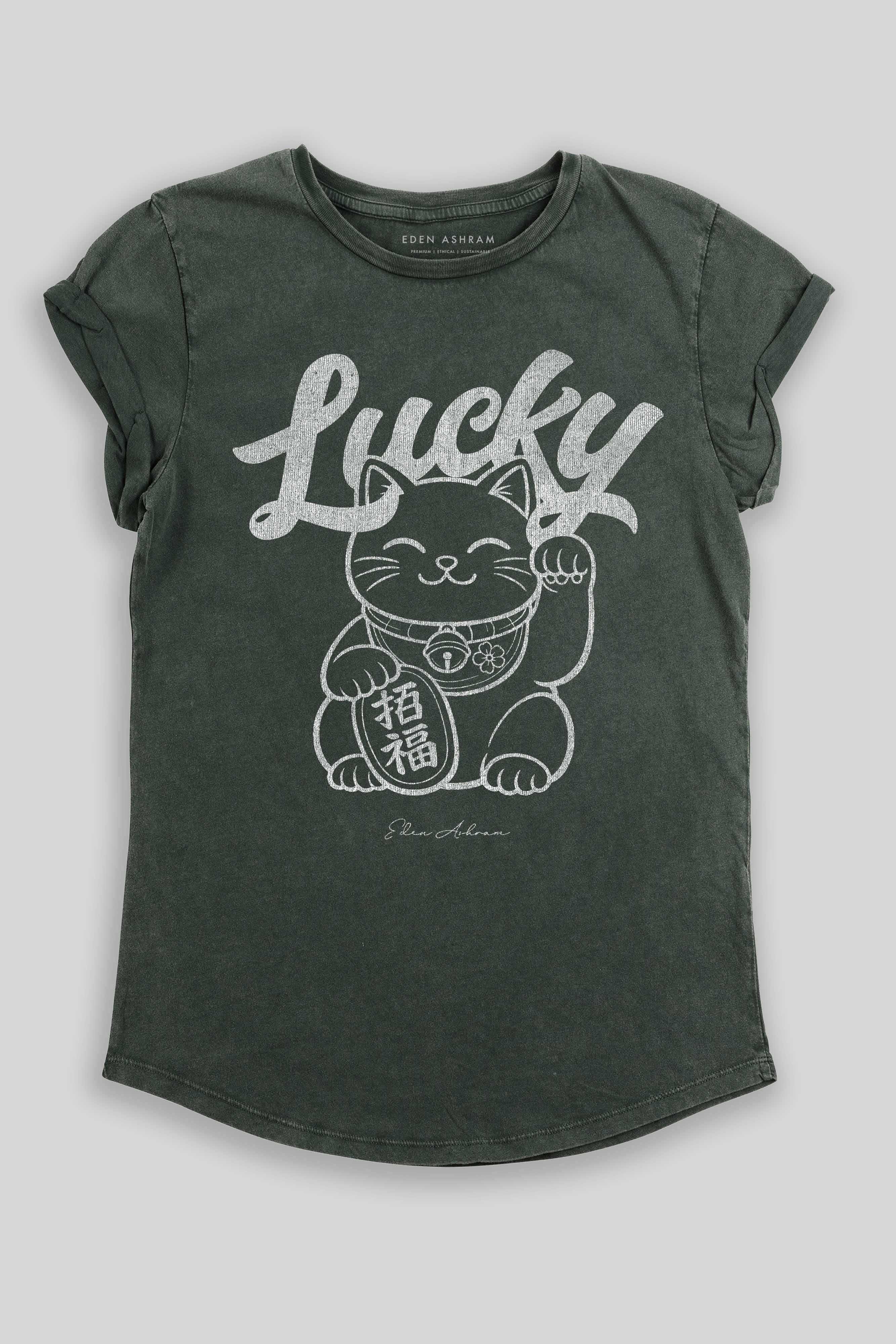 Eden Ashram Lucky Cat Premium Rolled Sleeve T-Shirt Stonewash Green