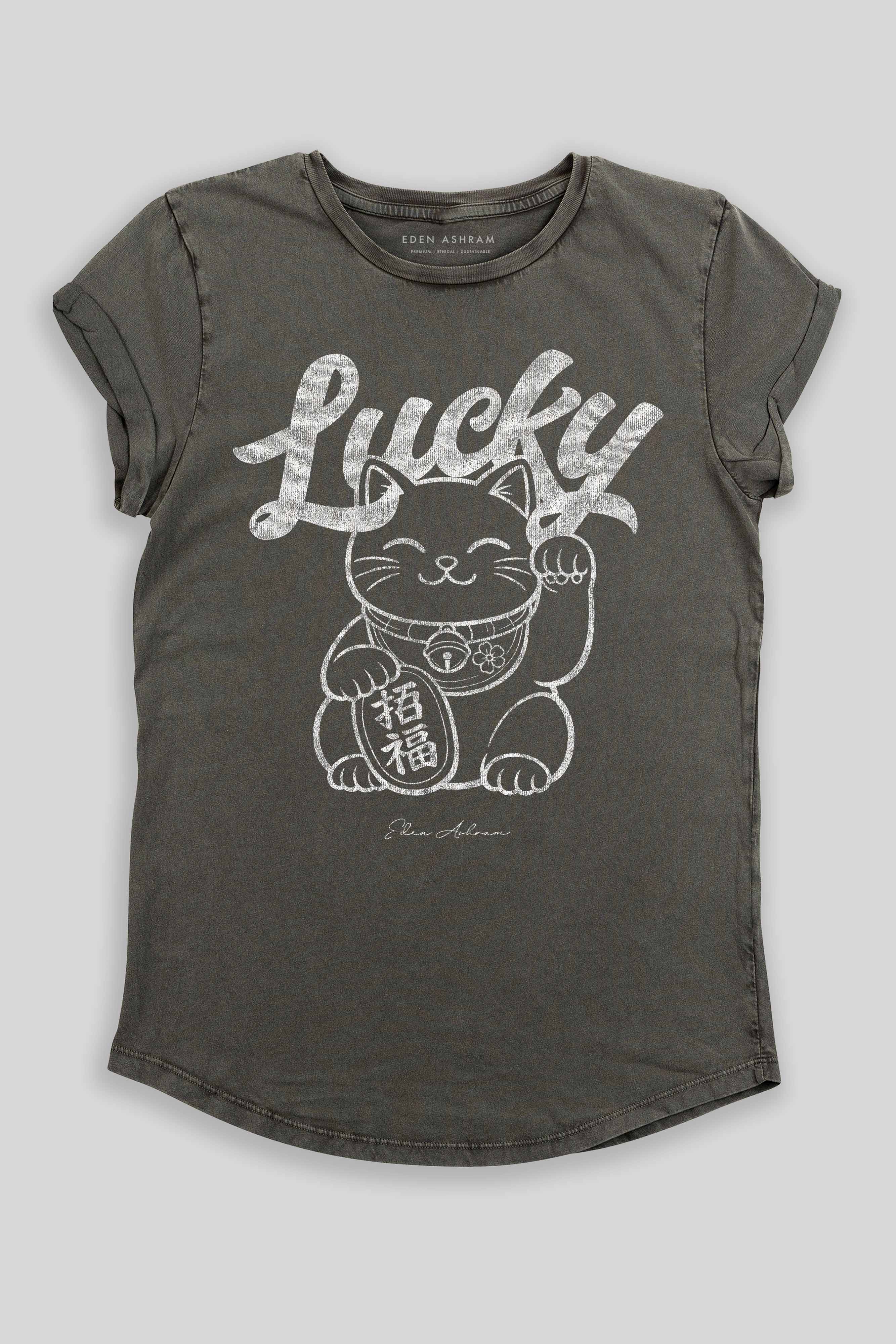 Eden Ashram Lucky Cat Premium Rolled Sleeve T-Shirt Stonewash Grey