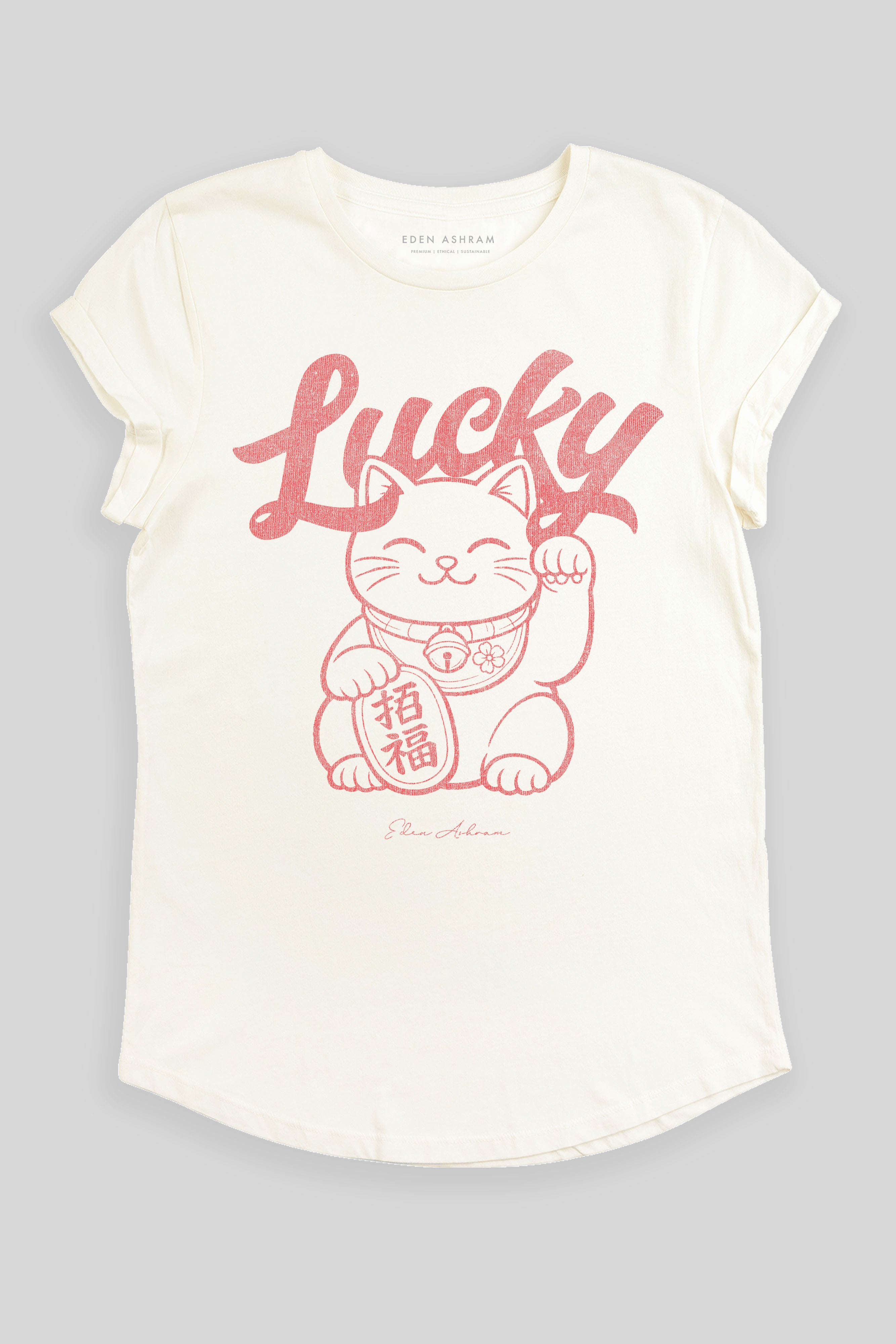 Eden Ashram Lucky Cat Premium Rolled Sleeve T-Shirt Stonewash White