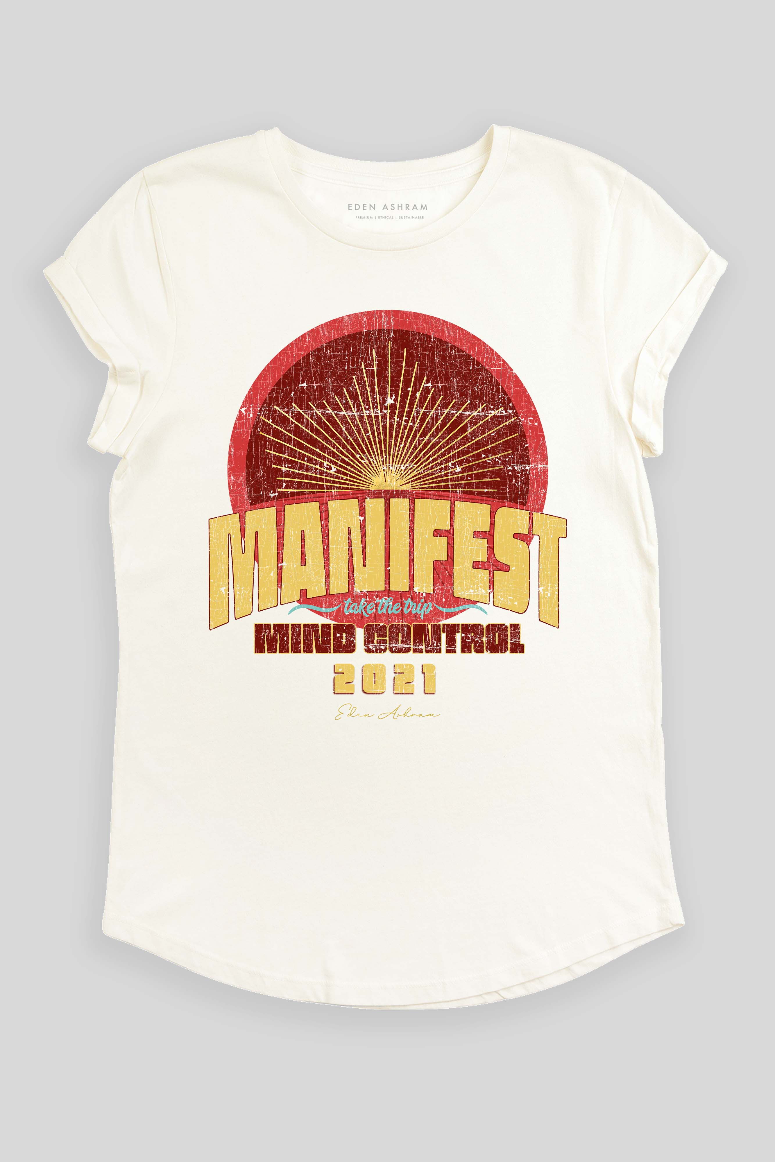 Eden Ashram Manifest Rolled Sleeve Tour T-Shirt Stonewash White