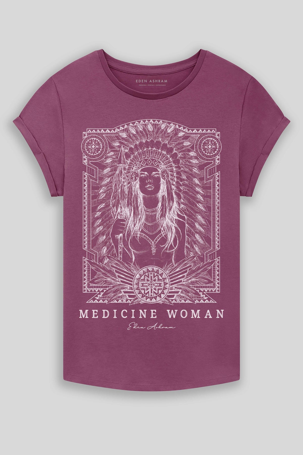 Eden Ashram Medicine Woman Premium Rolled Sleeve T-Shirt Faded Burgundy