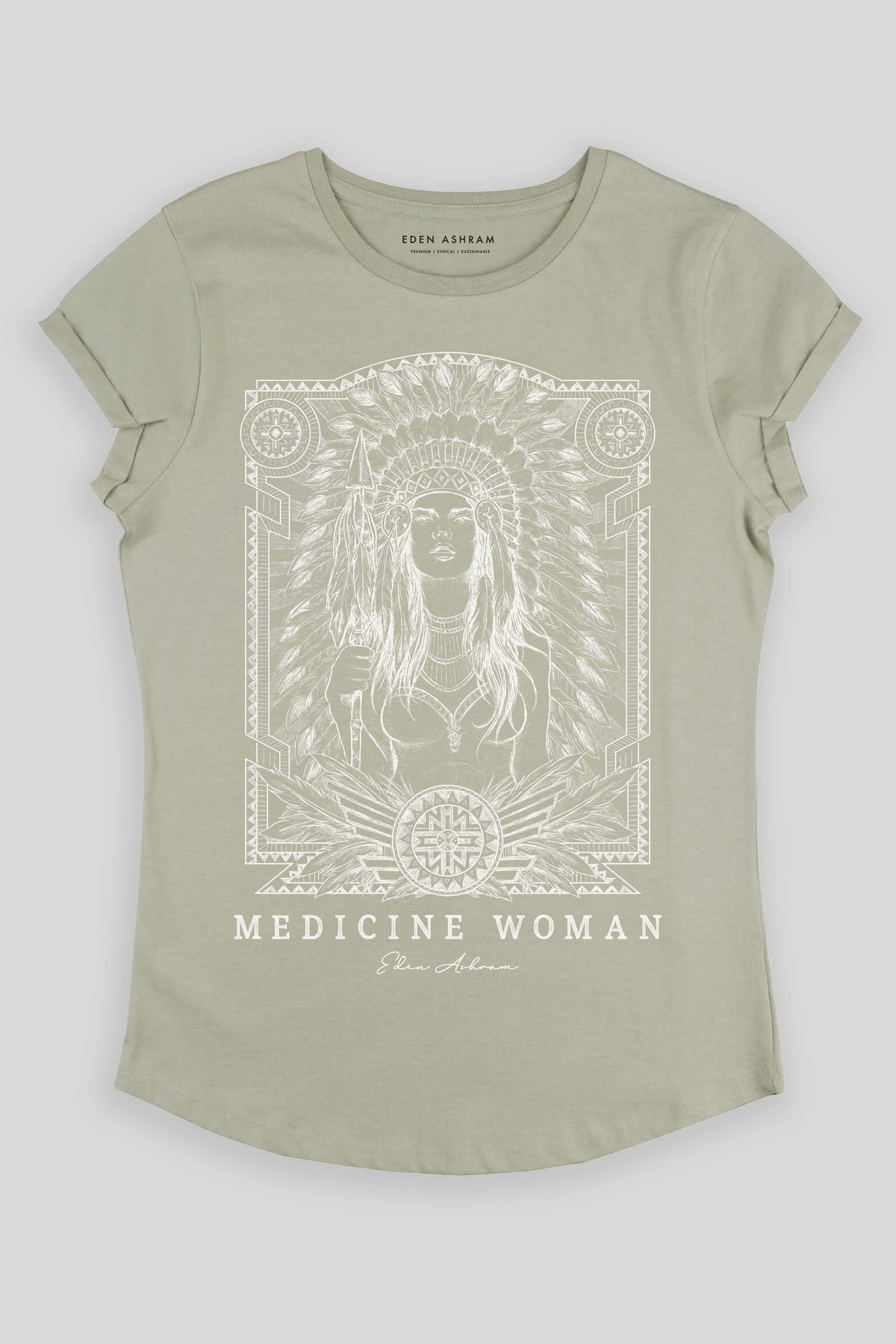 Eden Ashram Medicine Woman Premium Rolled Sleeve T-Shirt Light Olive