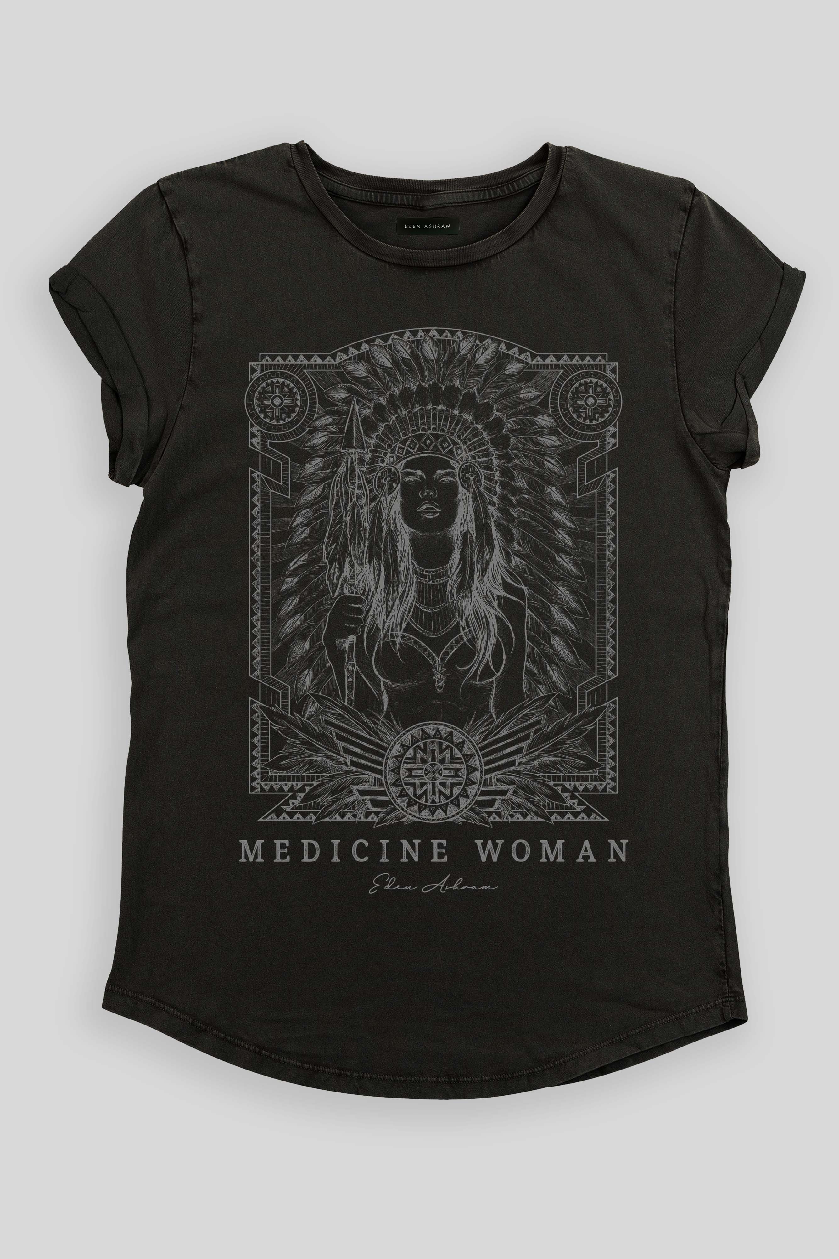 EDEN ASHRAM Medicine Woman Rolled Sleeve T-Shirt Stonewash Black