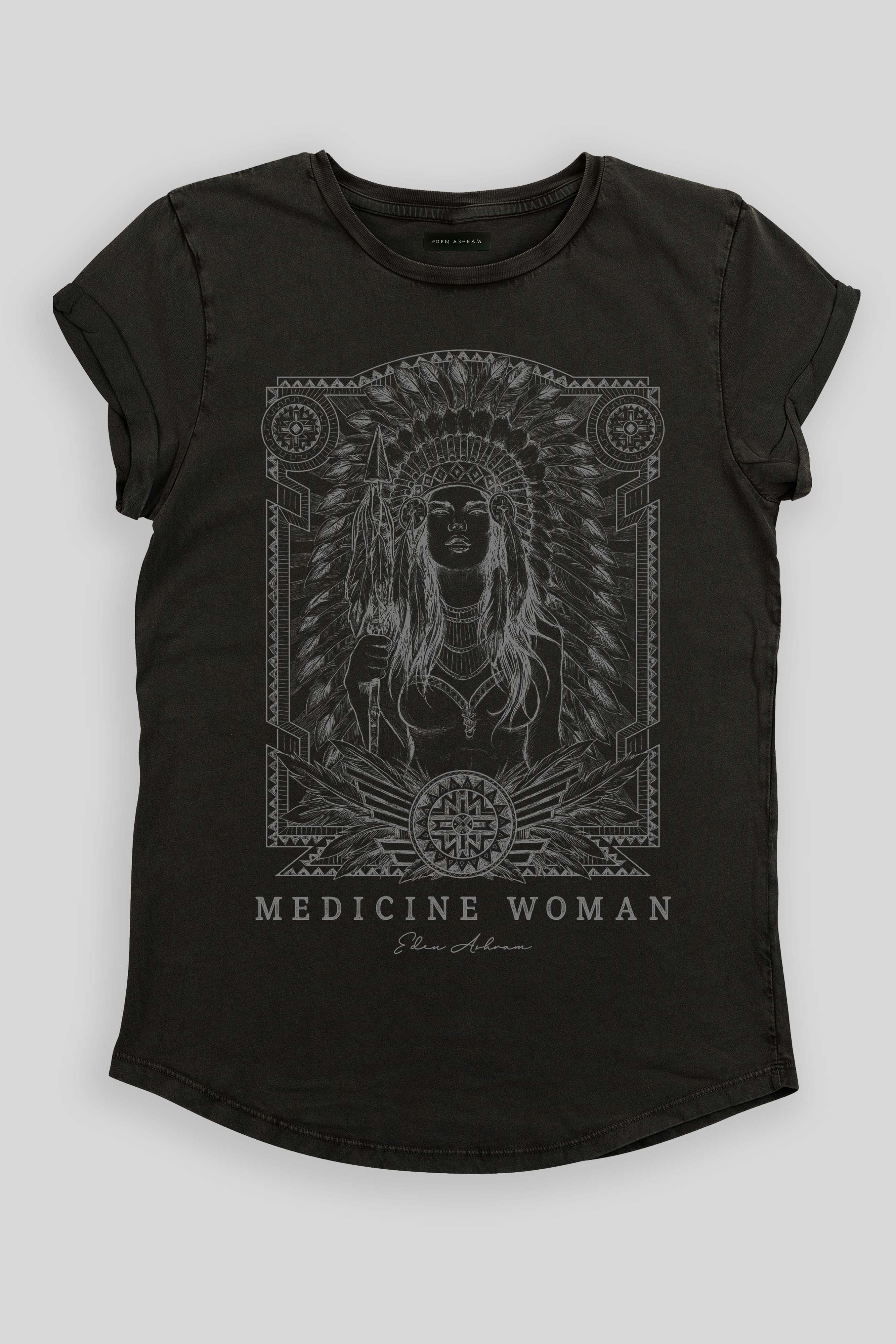 Eden Ashram Medicine Woman Premium Rolled Sleeve T-Shirt Stonewash Black
