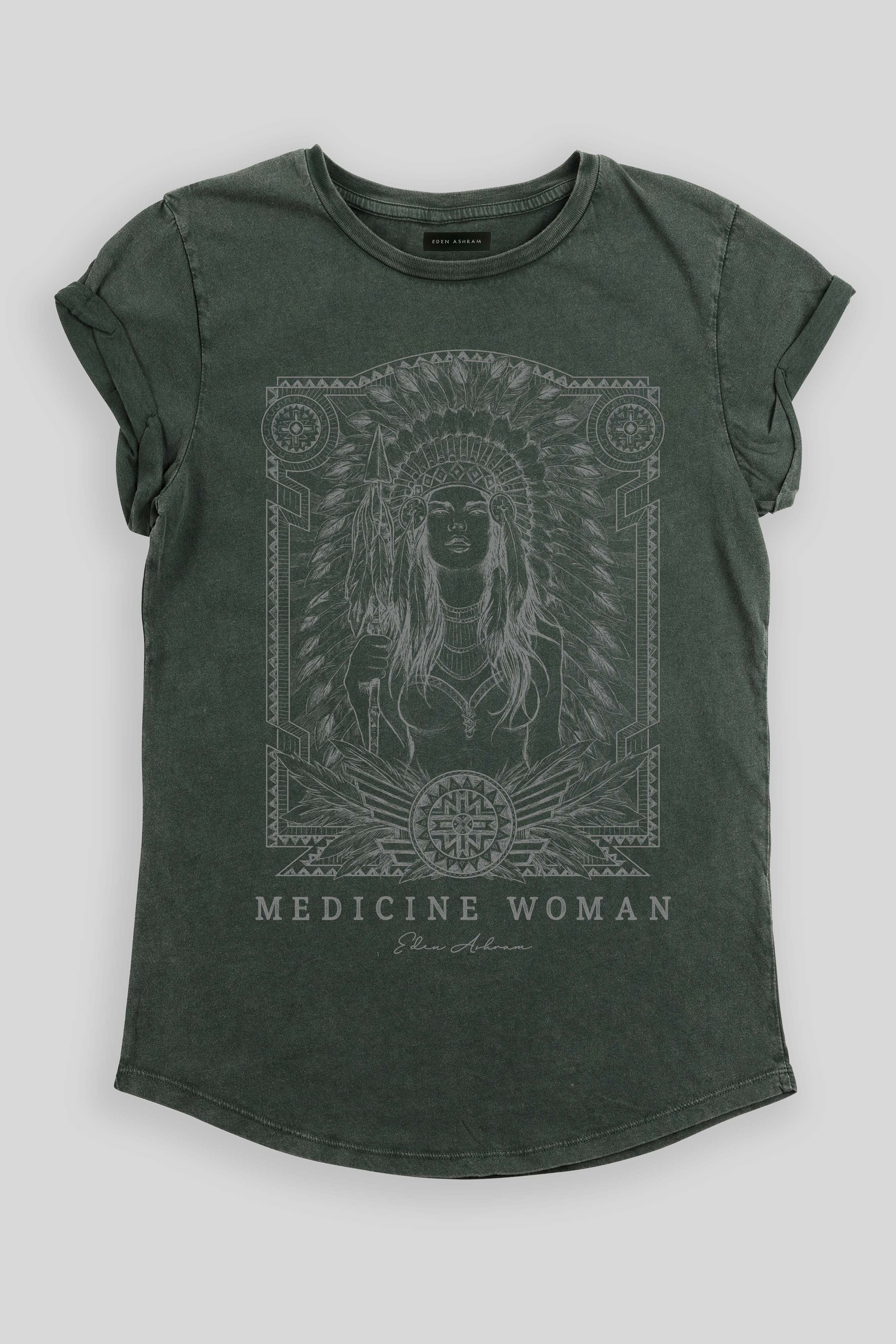 Eden Ashram Medicine Woman Premium Rolled Sleeve T-Shirt Stonewash Green