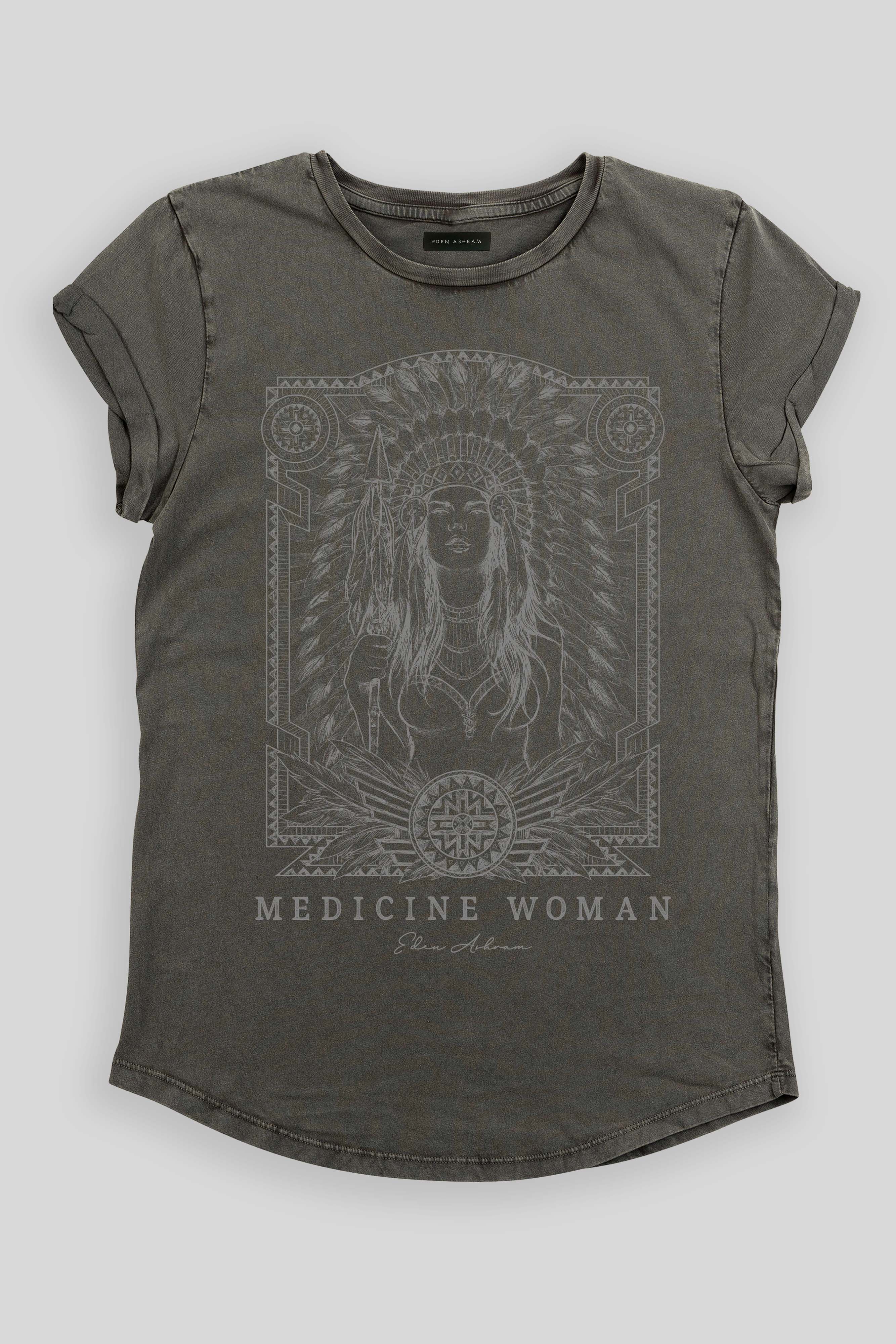 Eden Ashram Medicine Woman Premium Rolled Sleeve T-Shirt Stonewash Grey