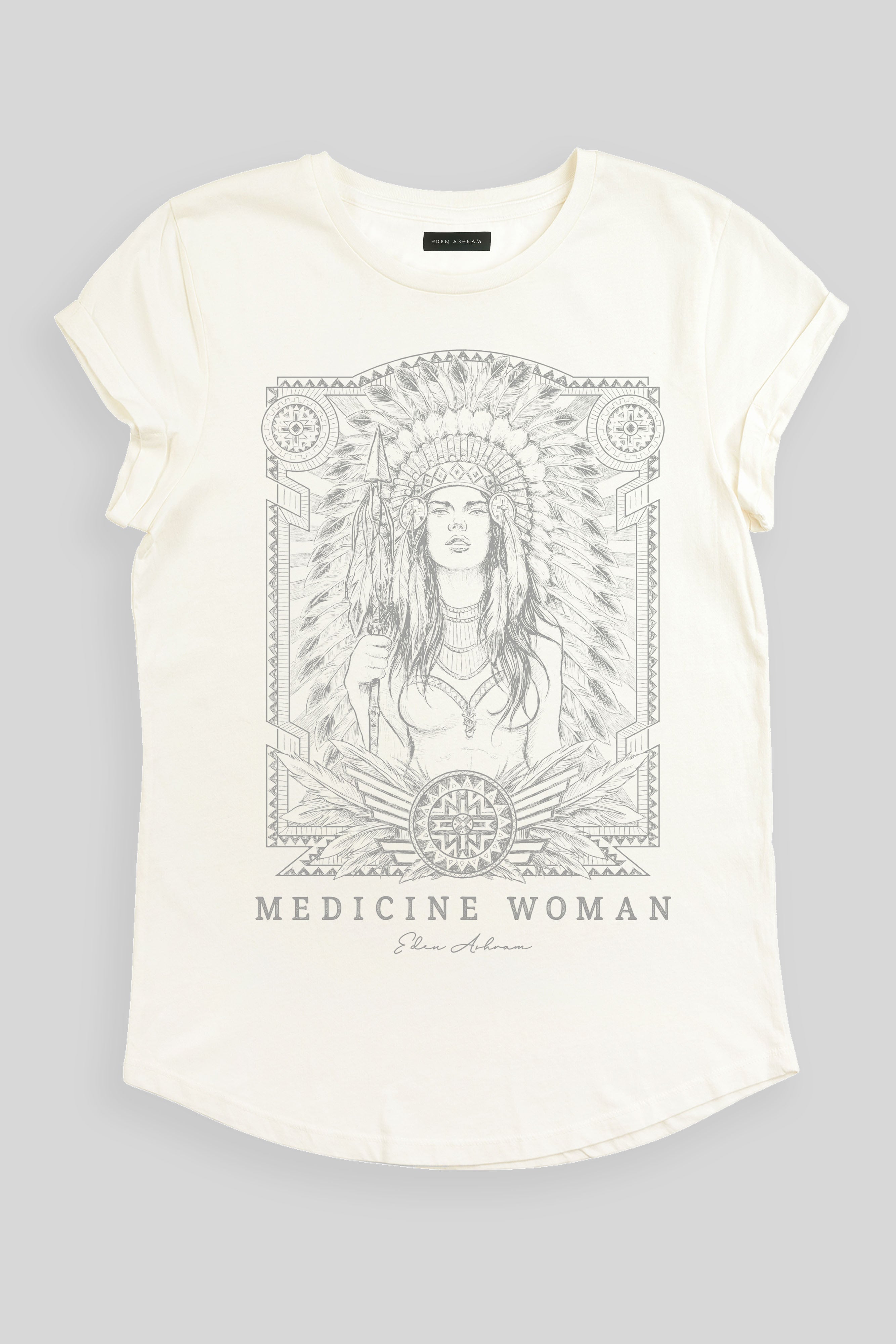 Eden Ashram Medicine Woman Premium Rolled Sleeve T-Shirt Stonewash White