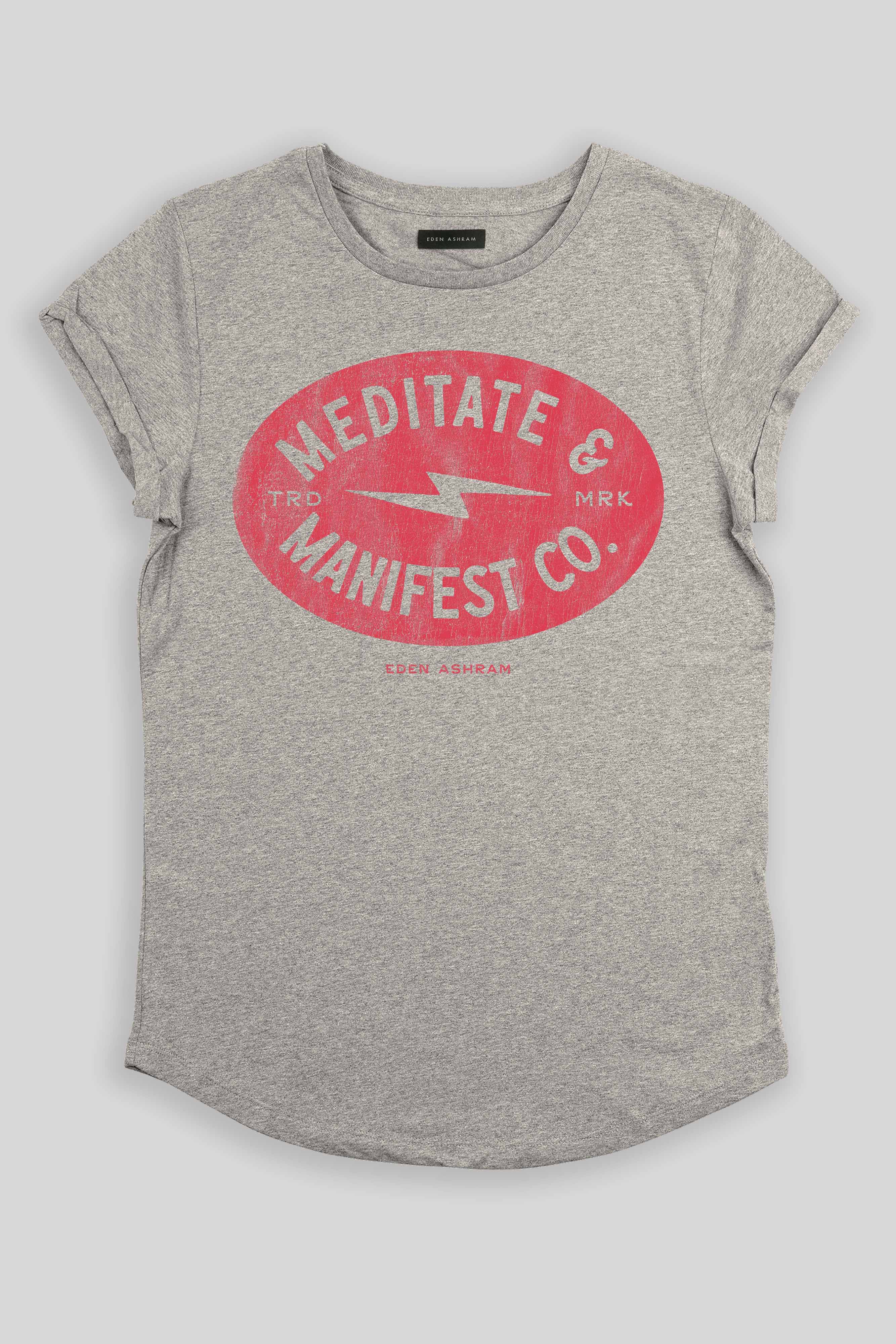 Eden Ashram Meditate & Manifest Co. Premium Rolled Sleeve T-Shirt Heather Grey