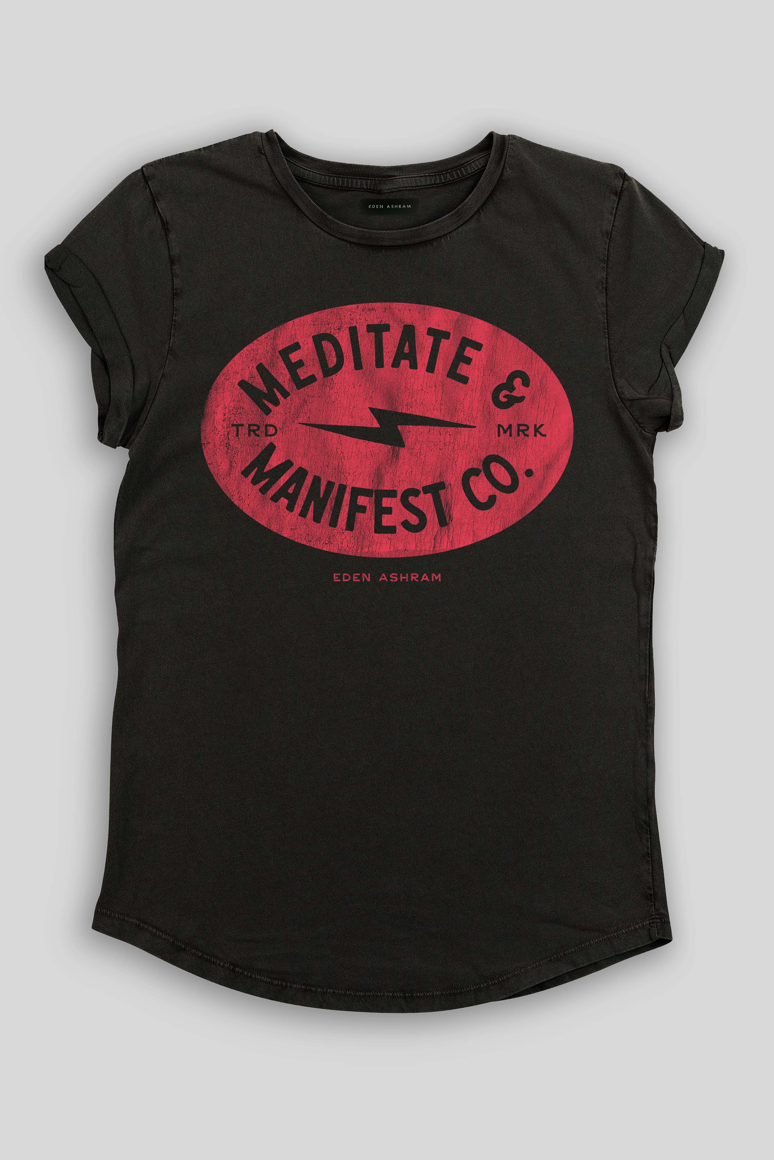 Eden Ashram Meditate & Manifest Co. Premium Rolled Sleeve T-Shirt Stonewash Black