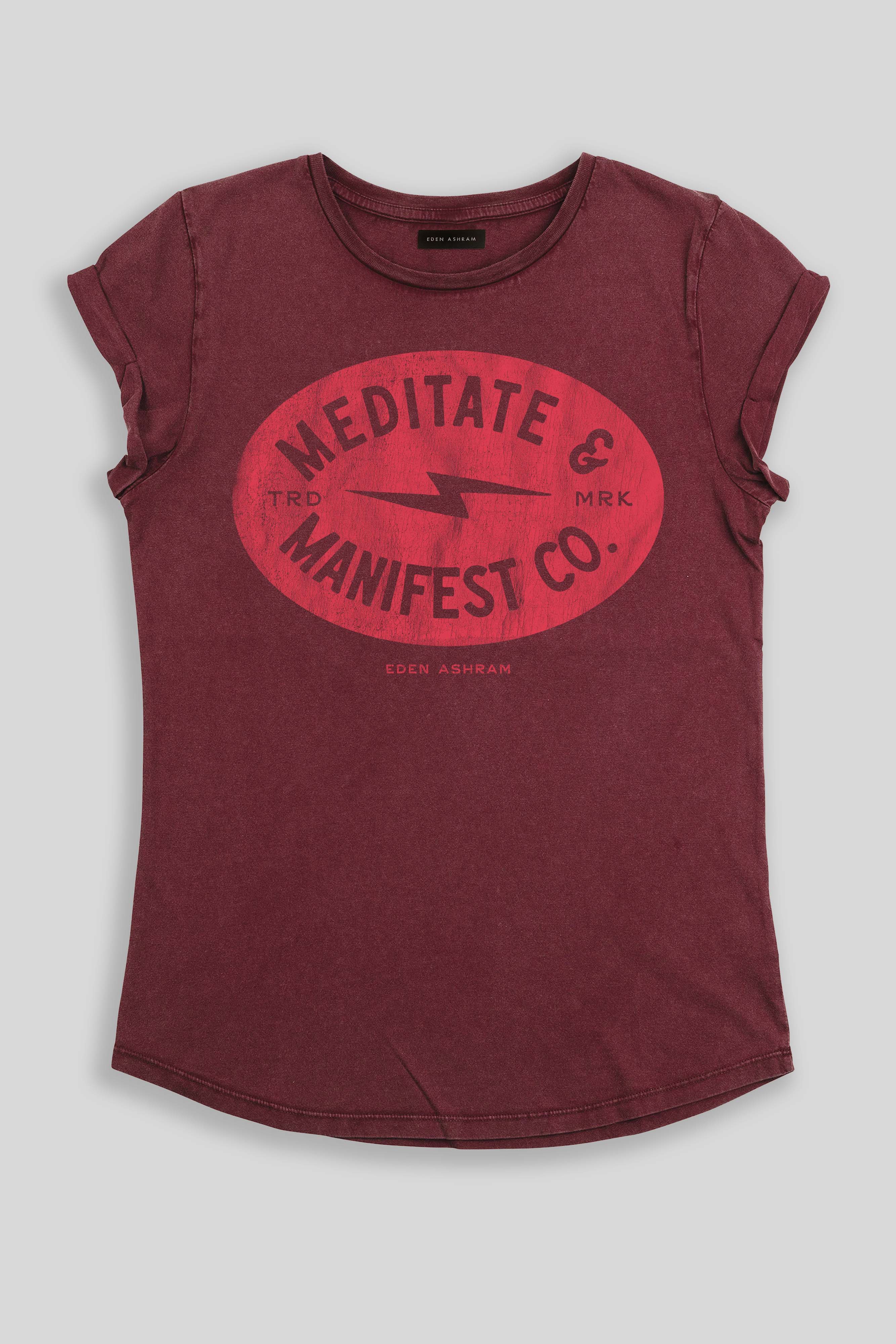 Eden Ashram Meditate & Manifest Co. Premium Rolled Sleeve T-Shirt Stonewash Burgundy