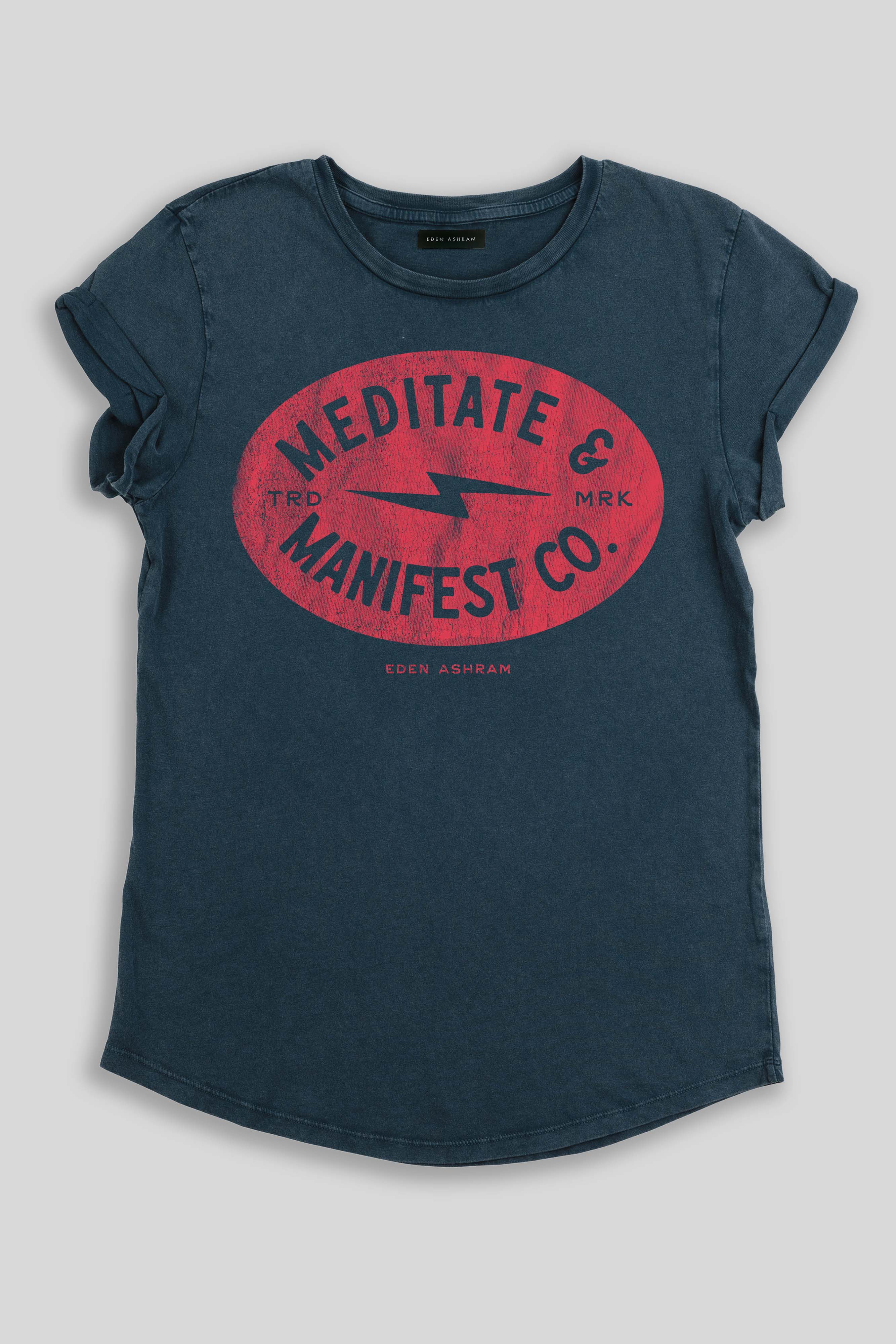 Eden Ashram Meditate & Manifest Co. Premium Rolled Sleeve T-Shirt Stonewash Denim