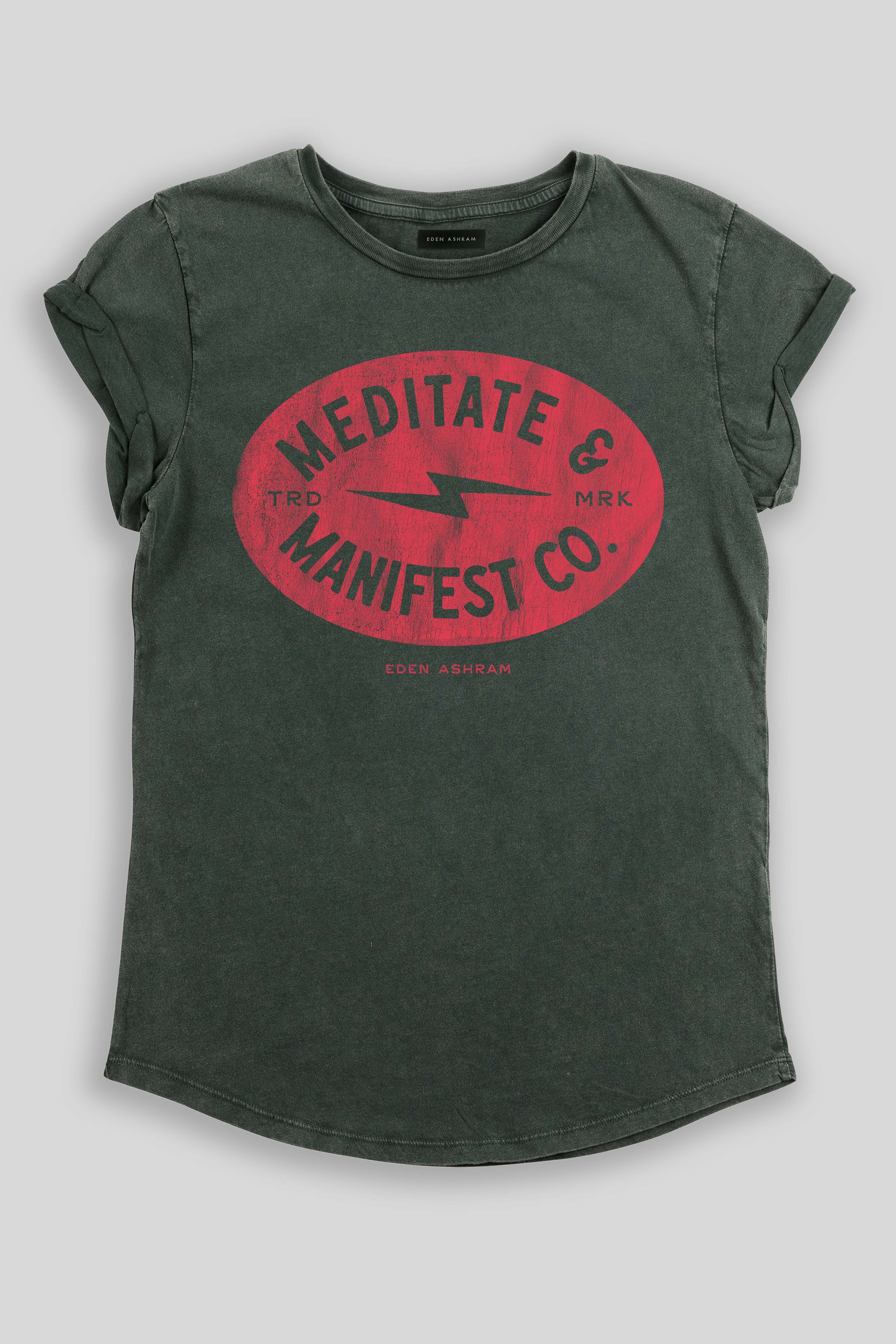 Eden Ashram Meditate & Manifest Co. Premium Rolled Sleeve T-Shirt Stonewash Green