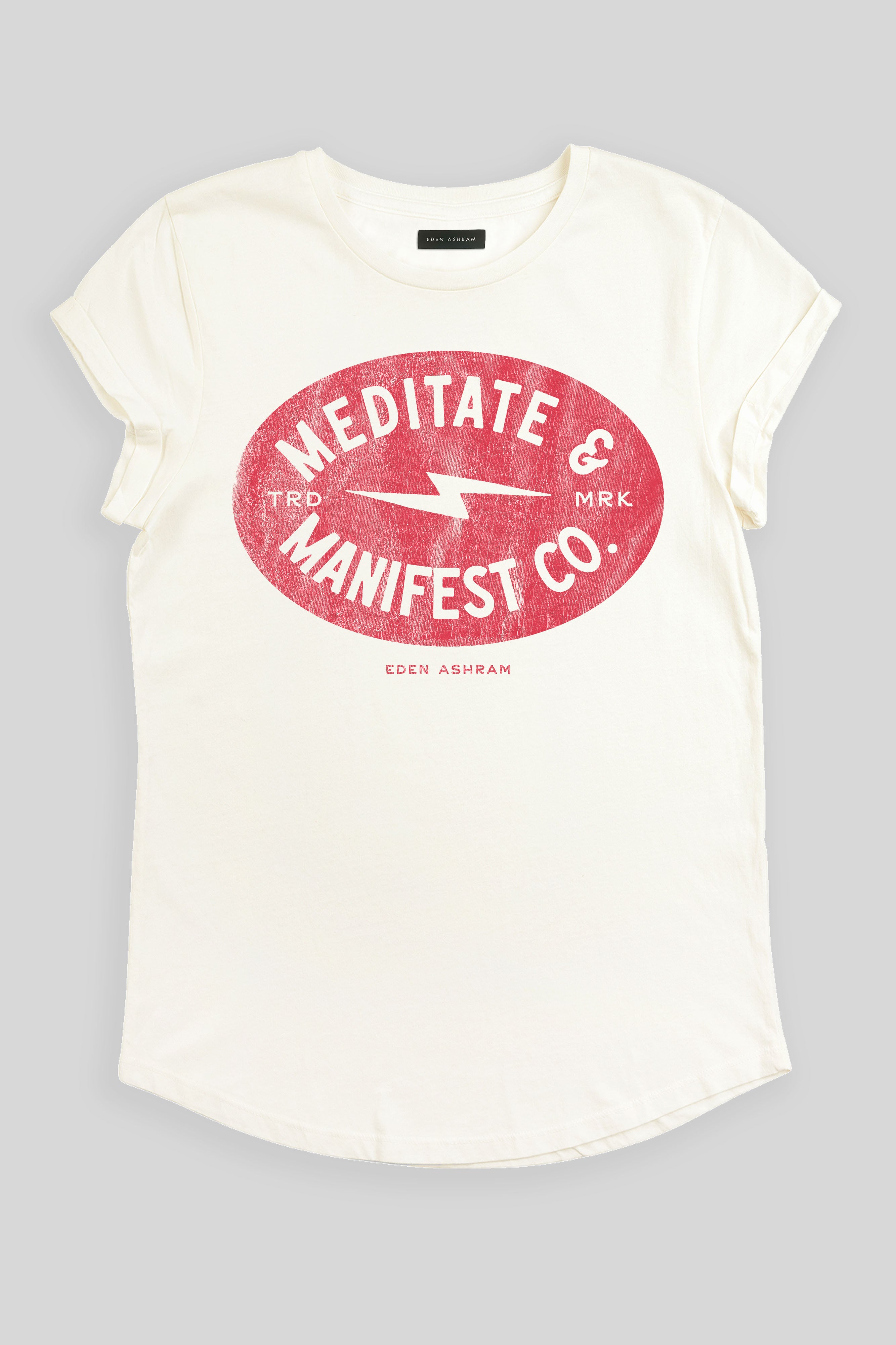 Eden Ashram Meditate & Manifest Co. Premium Rolled Sleeve T-Shirt Stonewash White