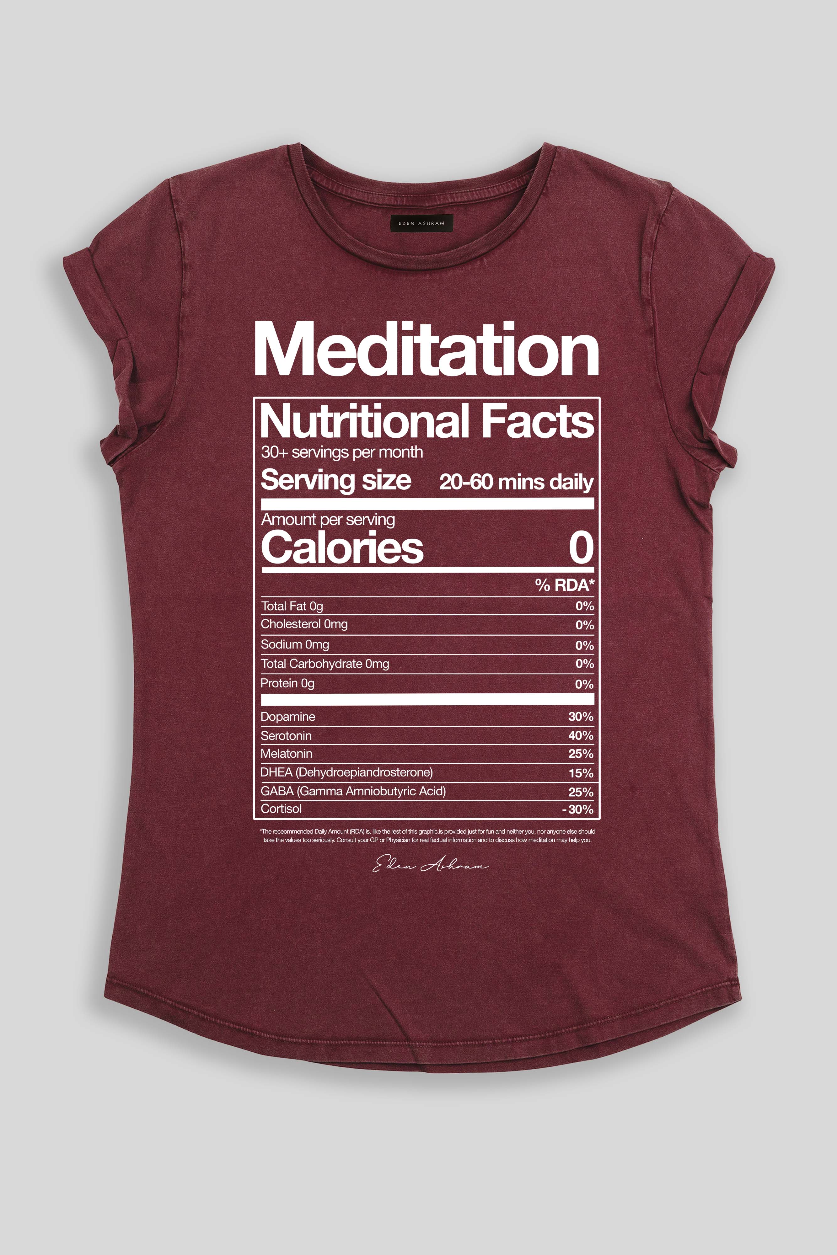 Eden Ashram Meditation Nutritional Facts Premium Rolled Sleeve T-Shirt Stonewash Burgundy