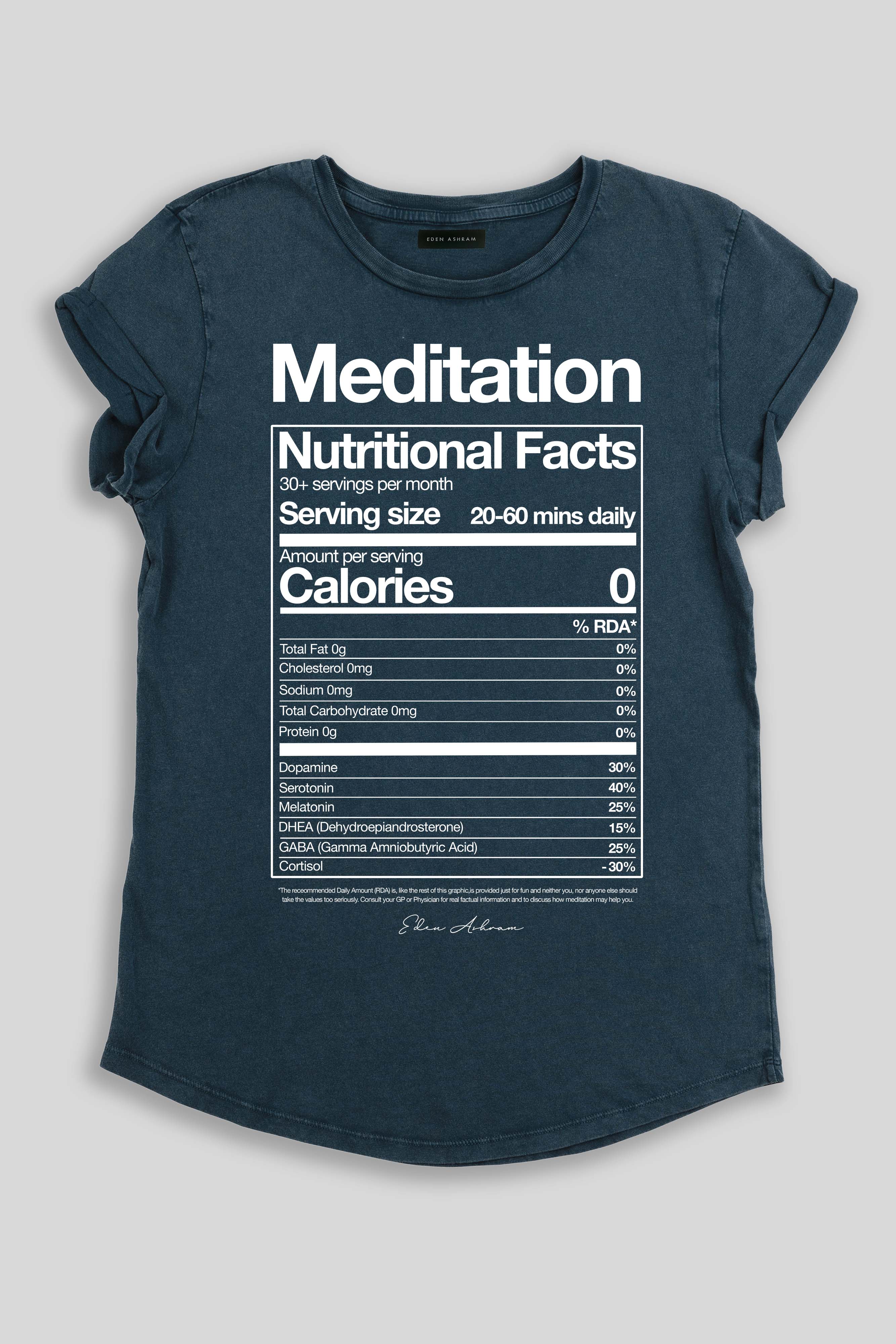 Eden Ashram Meditation Nutritional Facts Premium Rolled Sleeve T-Shirt Stonewash Denim