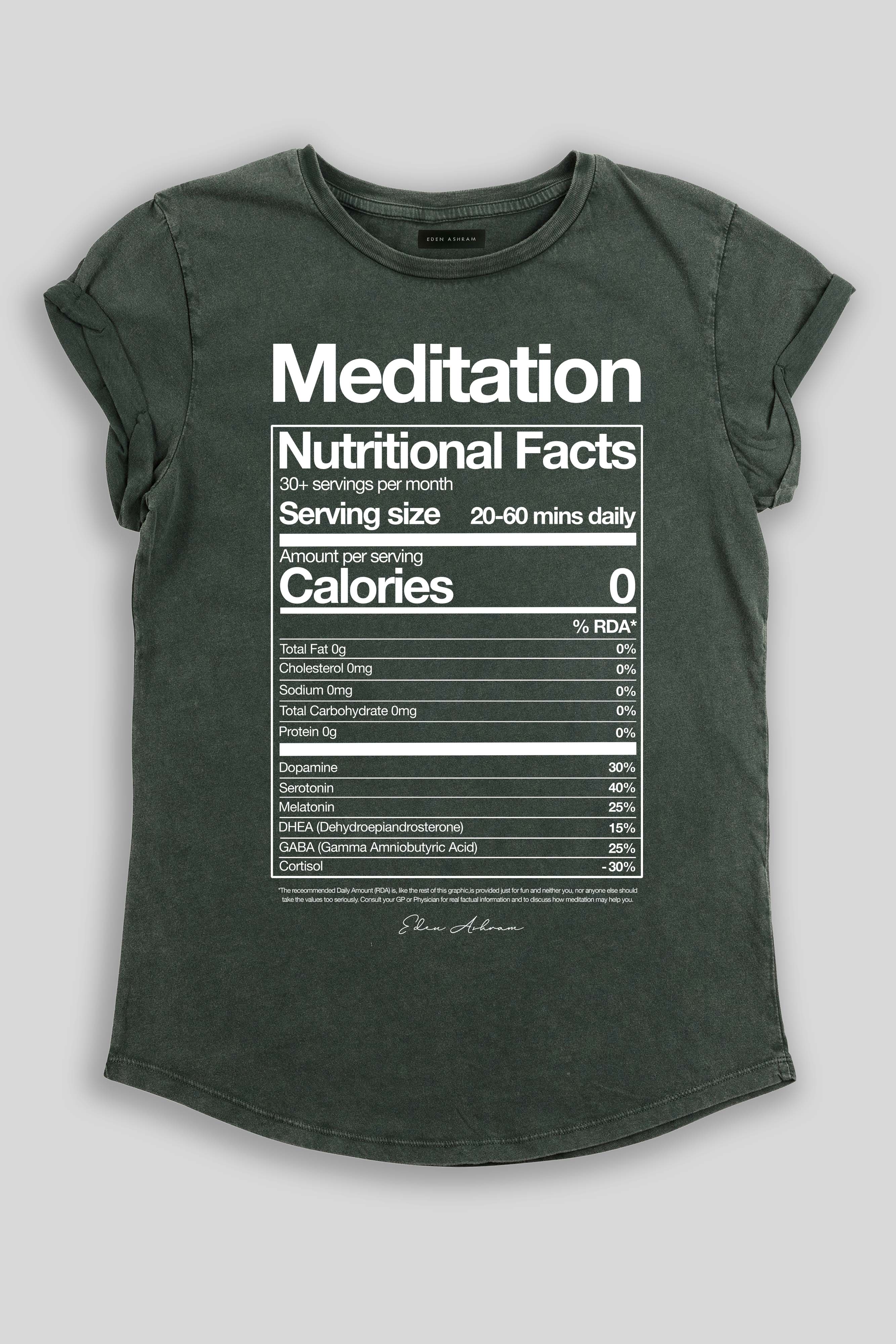 Eden Ashram Meditation Nutritional Facts Premium Rolled Sleeve T-Shirt Stonewash Green