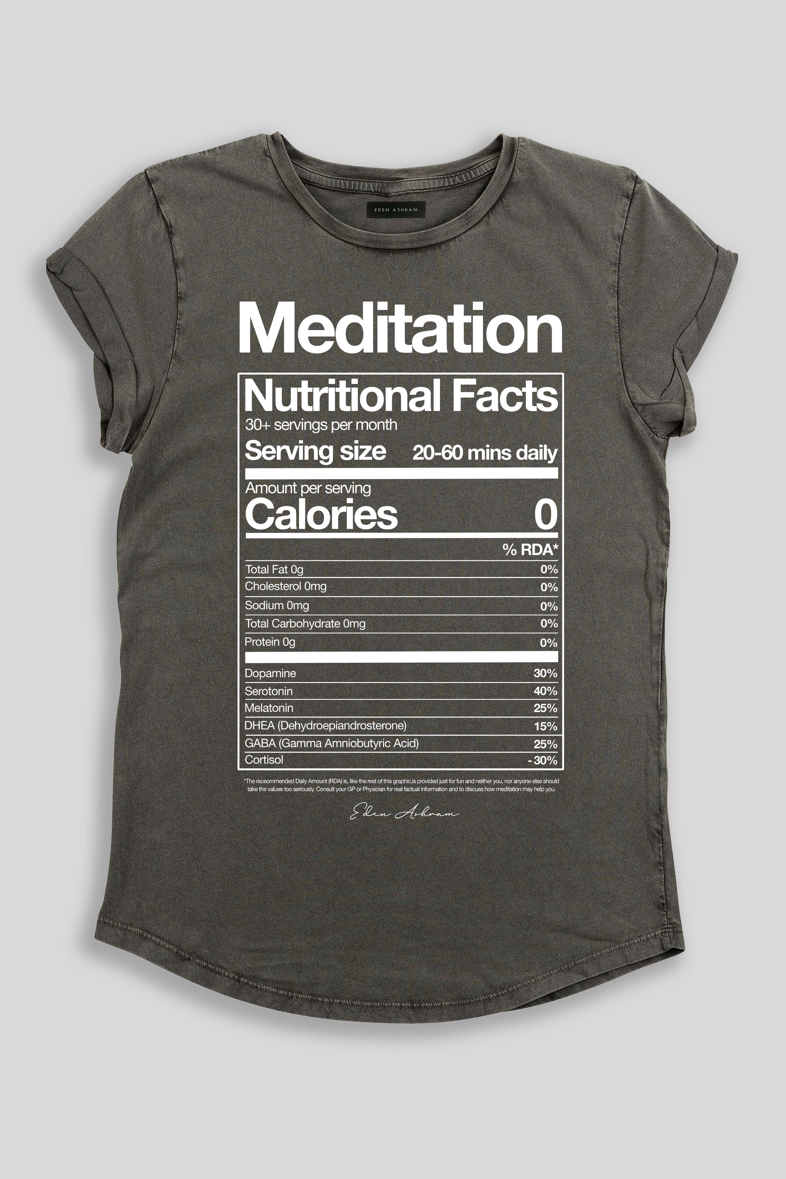 Eden Ashram Meditation Nutritional Facts Premium Rolled Sleeve T-Shirt Stonewash Grey