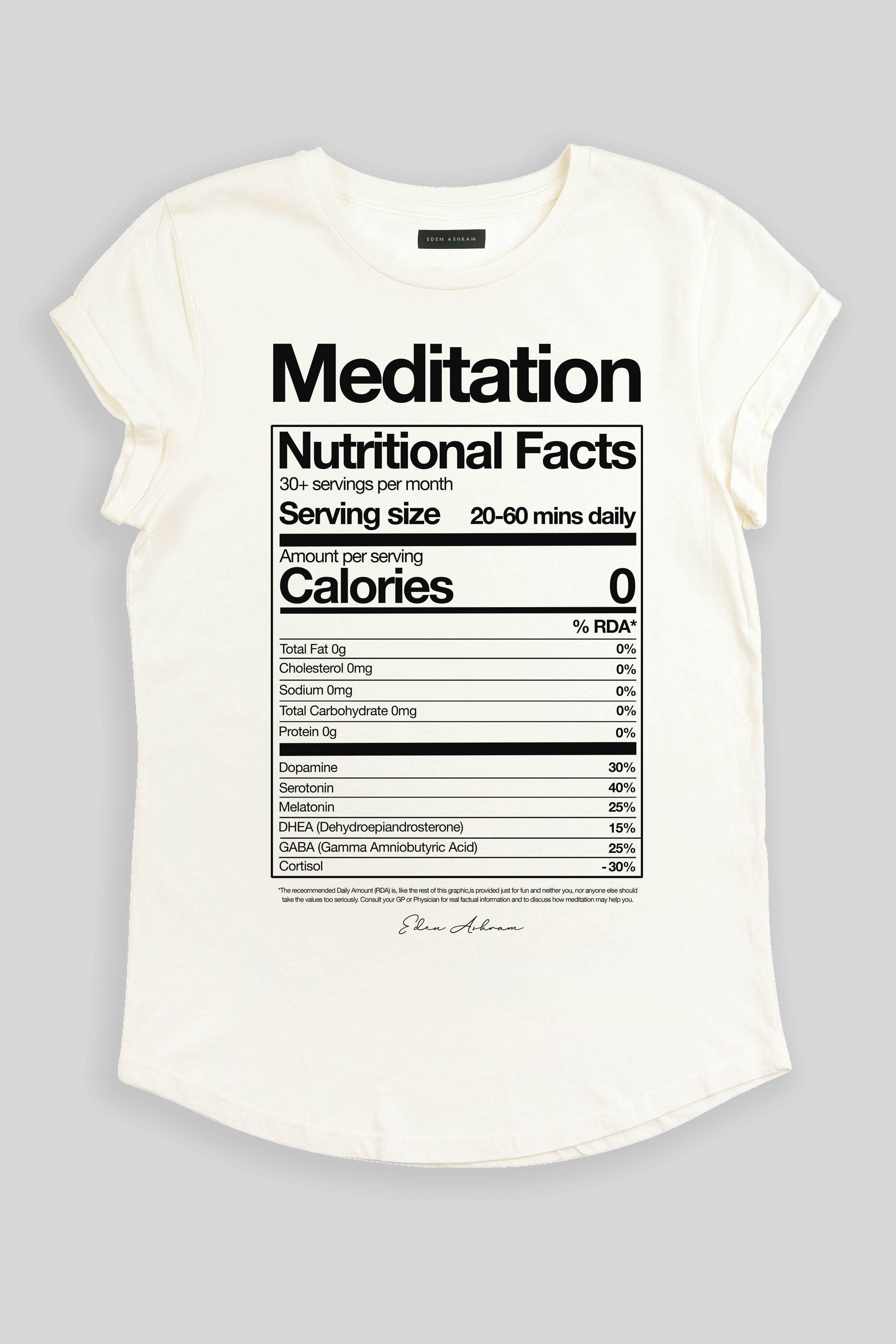 Eden Ashram Meditation Nutritional Facts Premium Rolled Sleeve T-Shirt Stonewash White