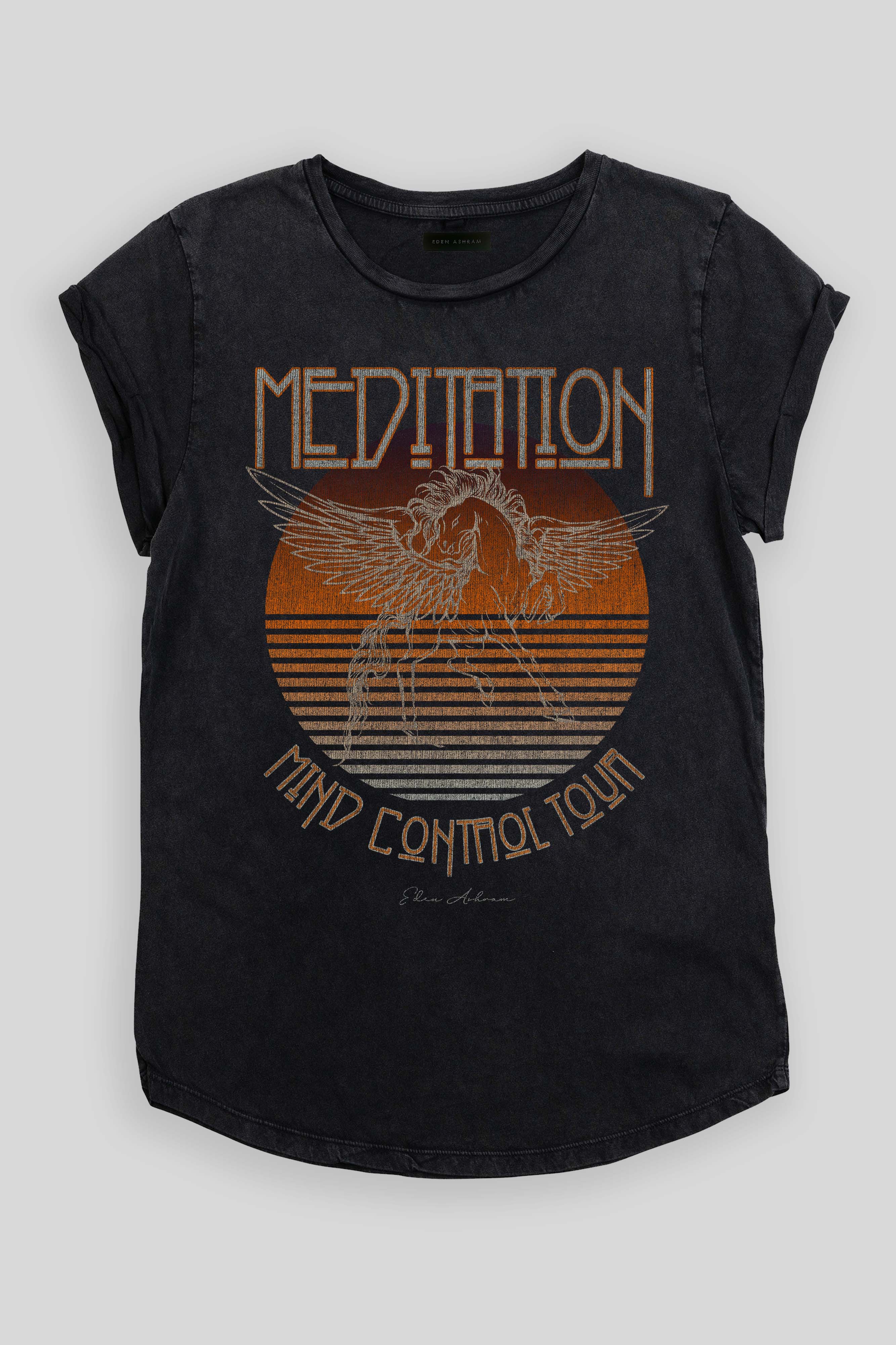 Eden Ashram Meditation Rock Premium Rolled Sleeve T-Shirt Stonewash Black