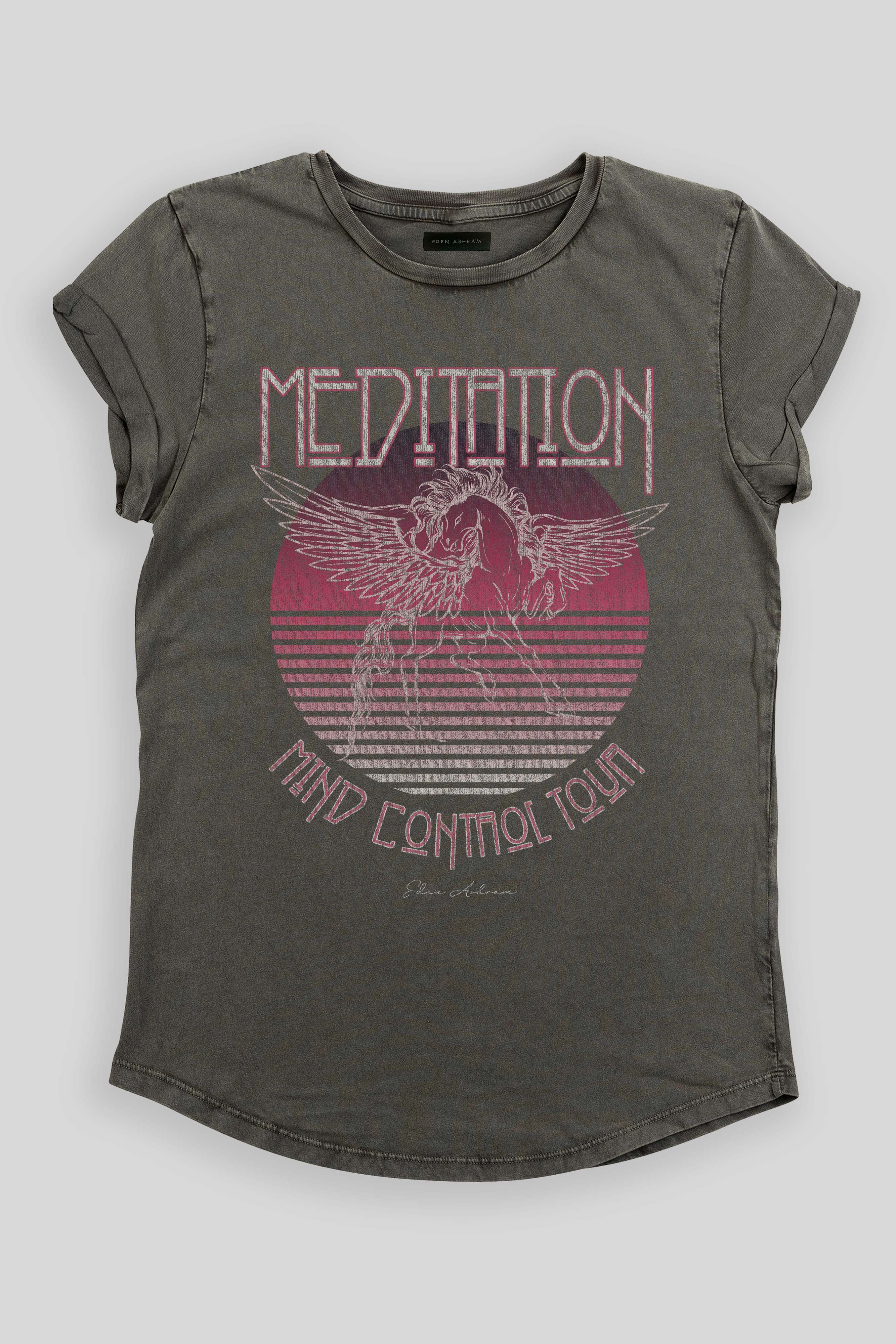 Eden Ashram Meditation Rock Premium Rolled Sleeve T-Shirt Stonewash Grey