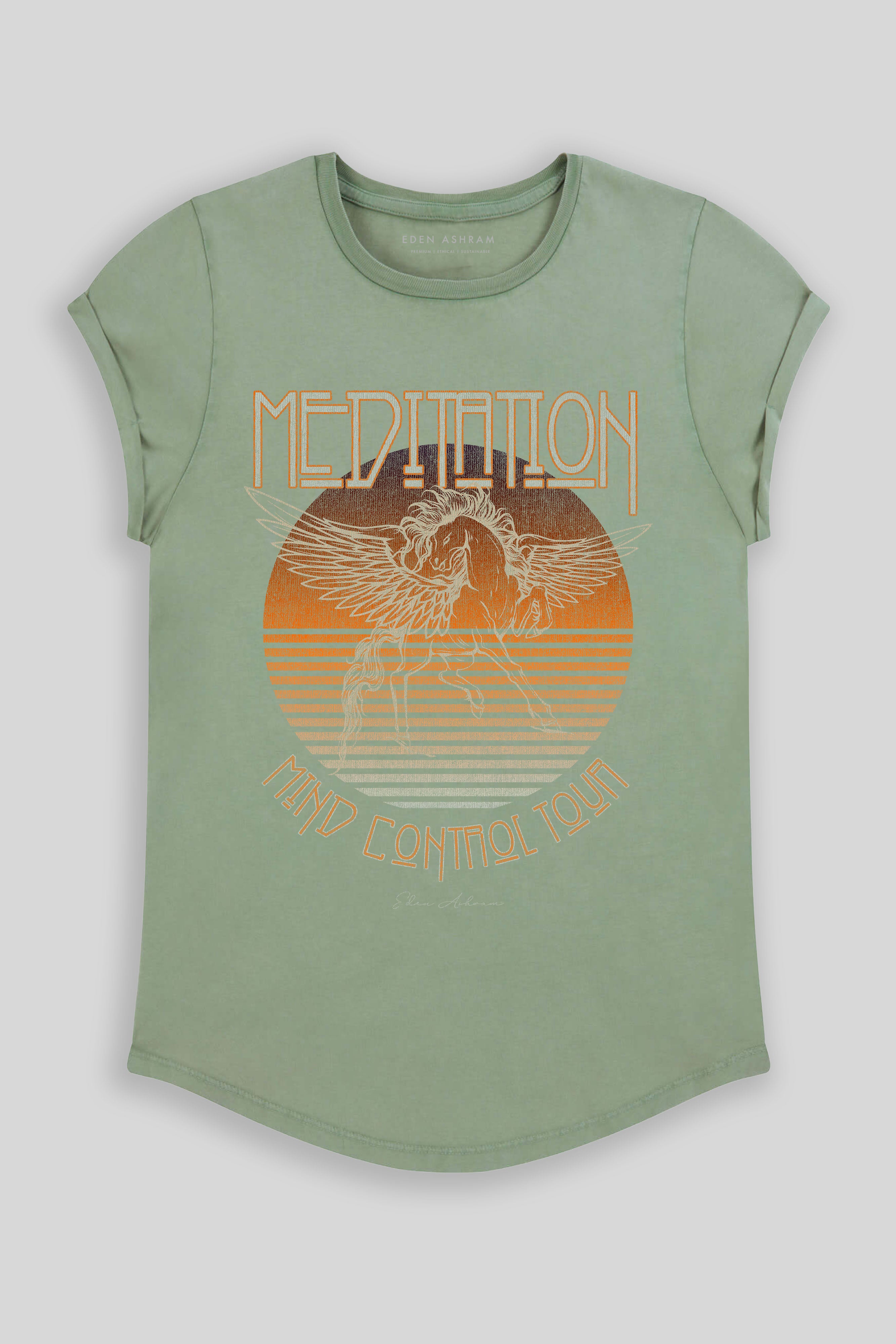 Eden Ashram Meditation Rock Premium Rolled Sleeve T-Shirt Stonewash Sage