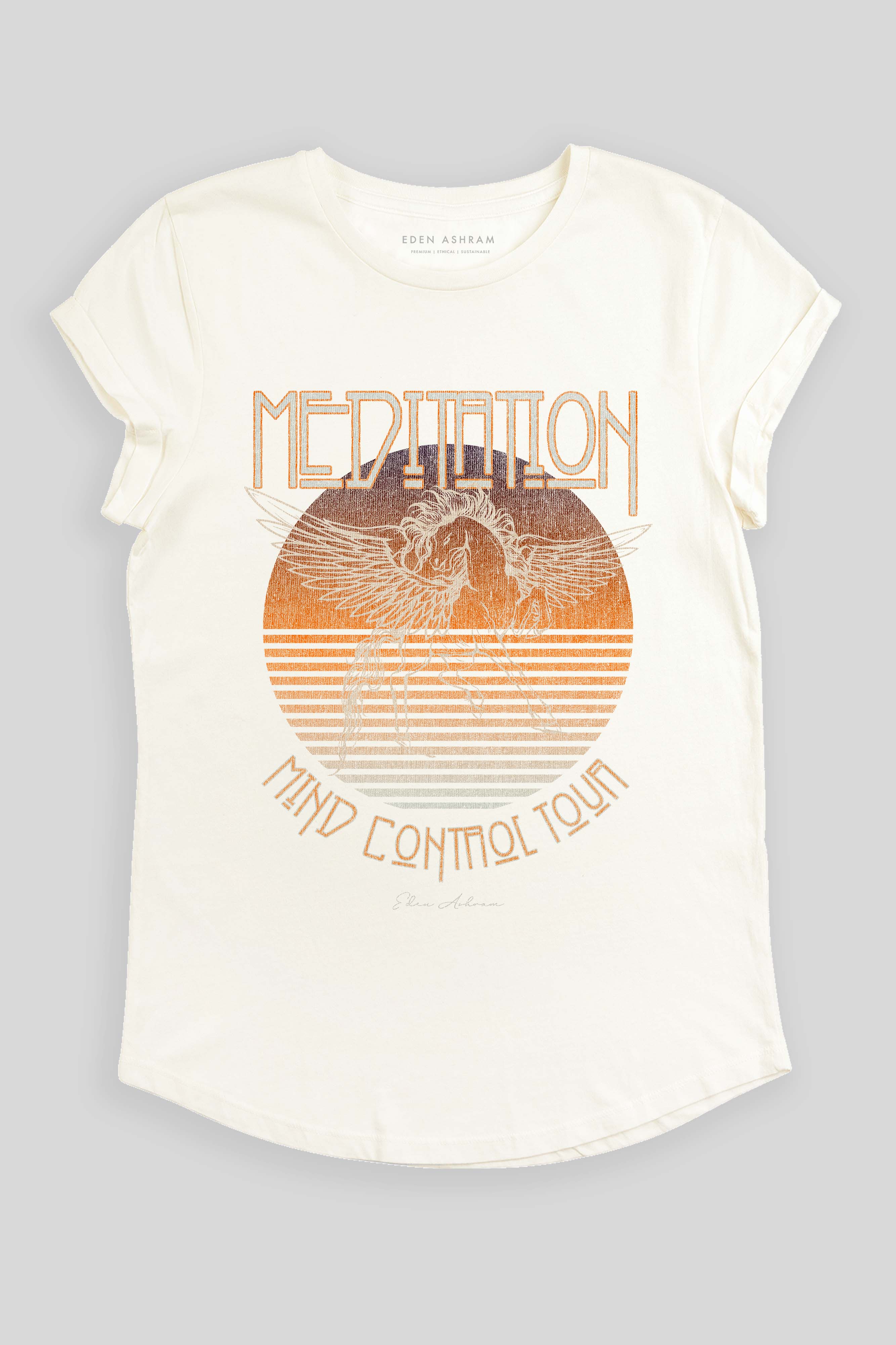 Eden Ashram Meditation Rock Premium Rolled Sleeve T-Shirt Stonewash White