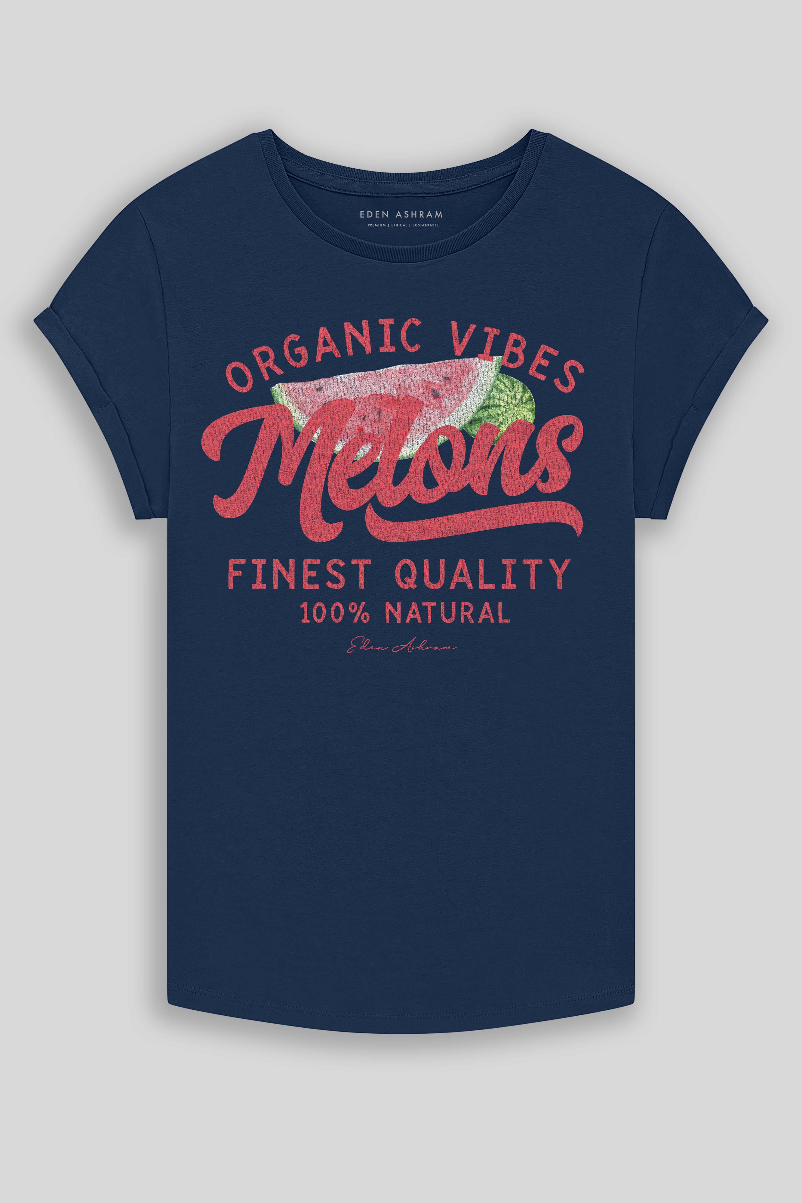 Eden Ashram Melons Premium Rolled Sleeve T-Shirt French Navy