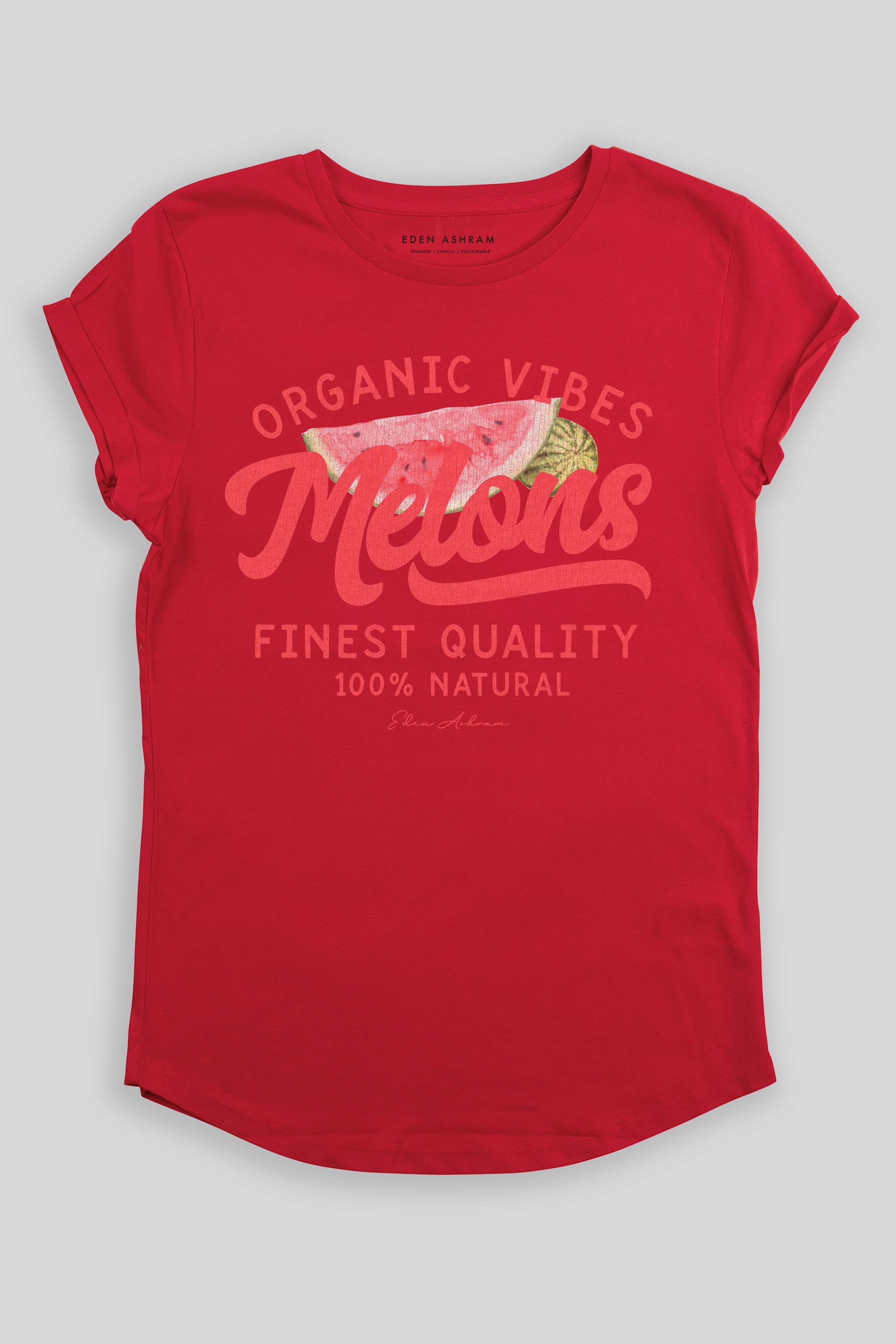 Eden Ashram Melons Premium Rolled Sleeve T-Shirt Red