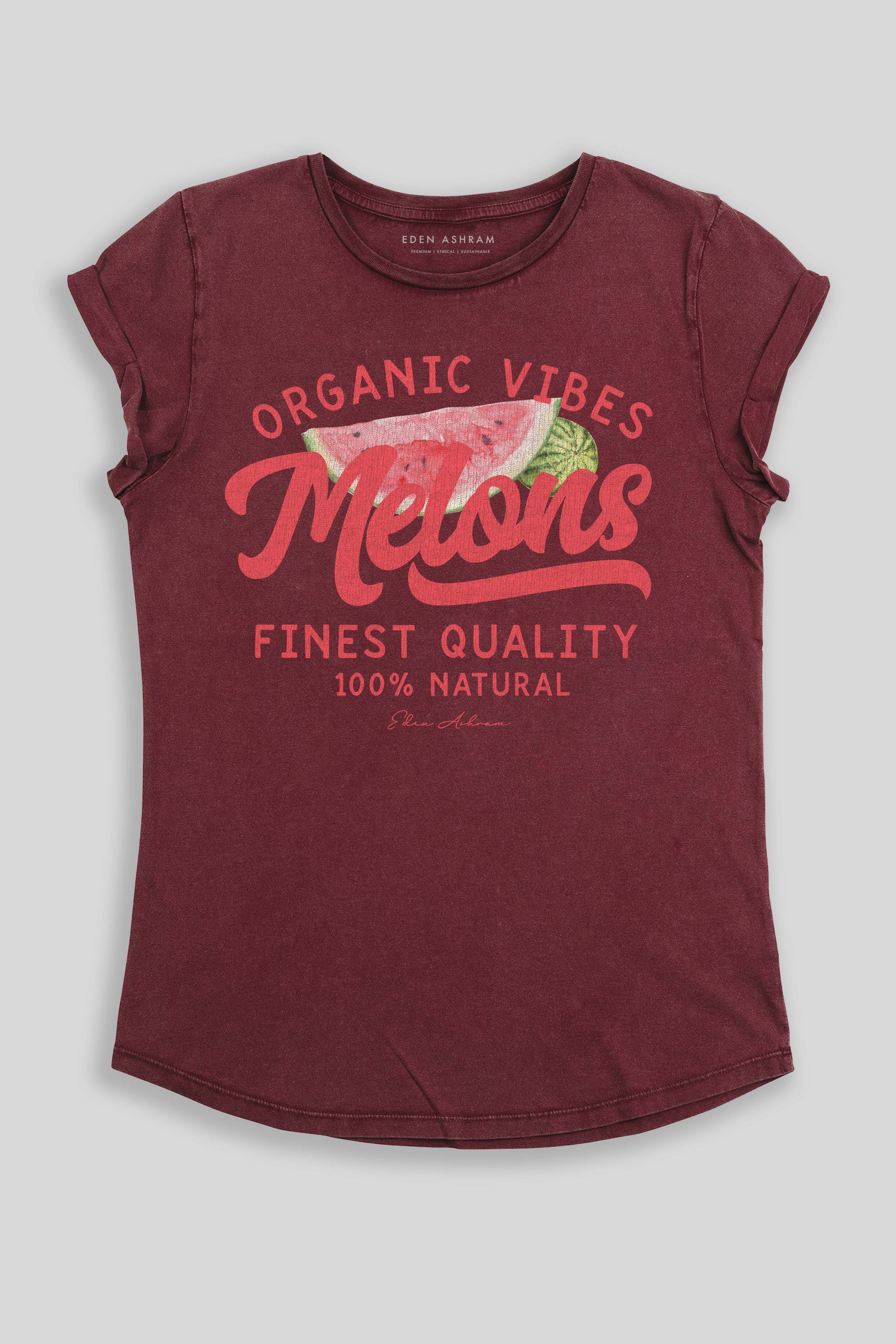 Eden Ashram Melons Premium Rolled Sleeve T-Shirt Stonewash Burgundy