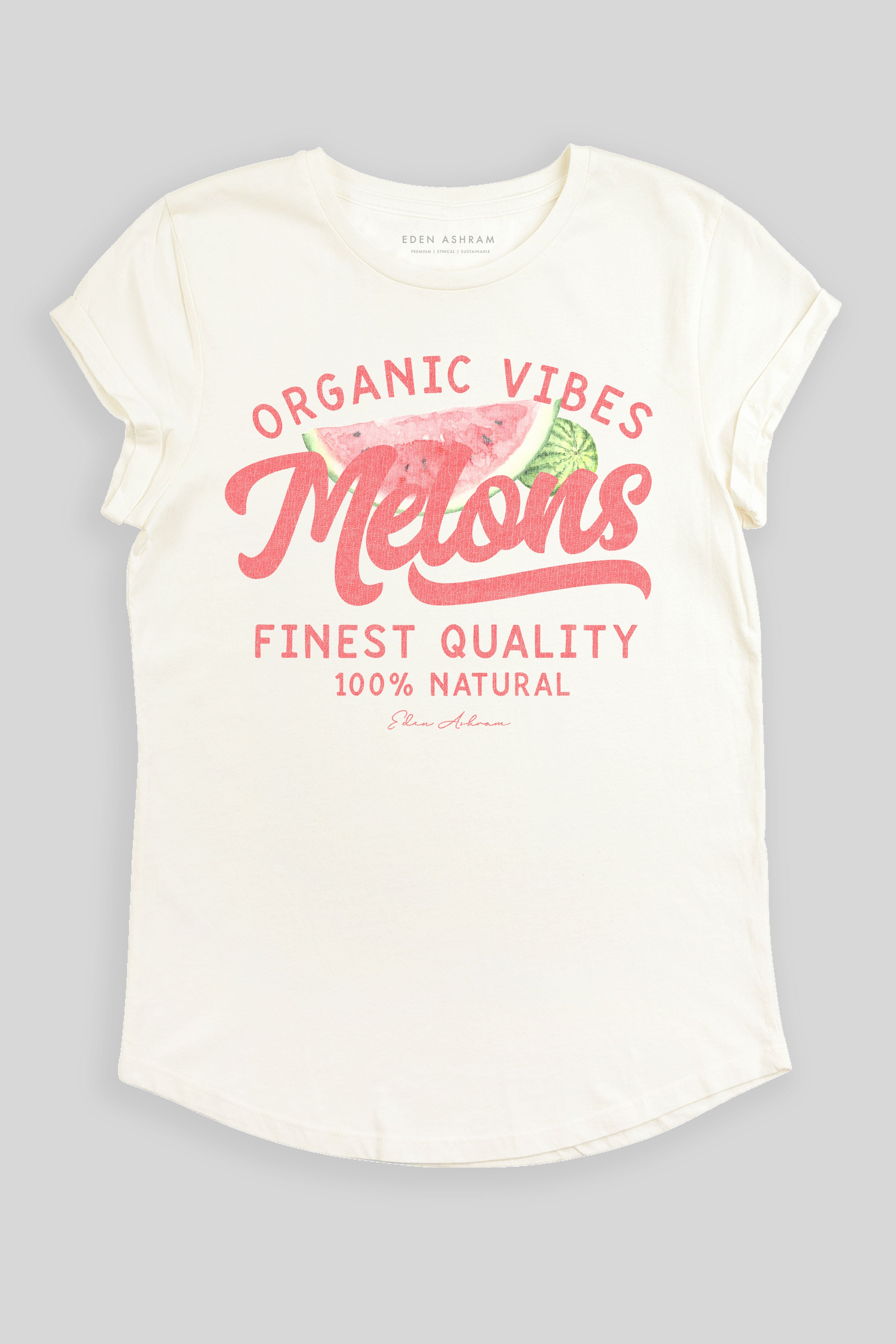 Eden Ashram Melons Premium Rolled Sleeve T-Shirt Stonewash White