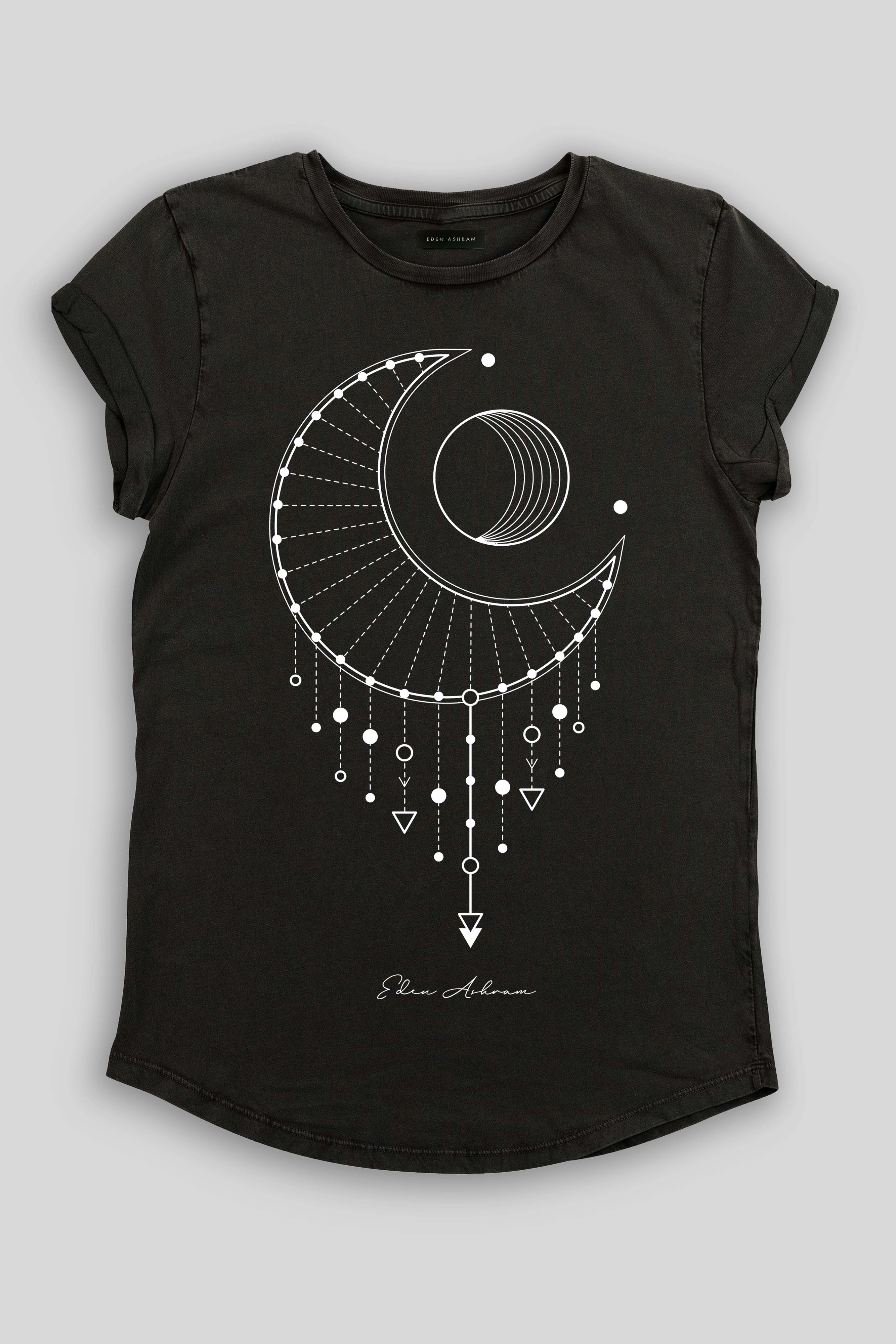 Eden Ashram Moon Catcher Premium Rolled Sleeve T-Shirt Stonewash Black