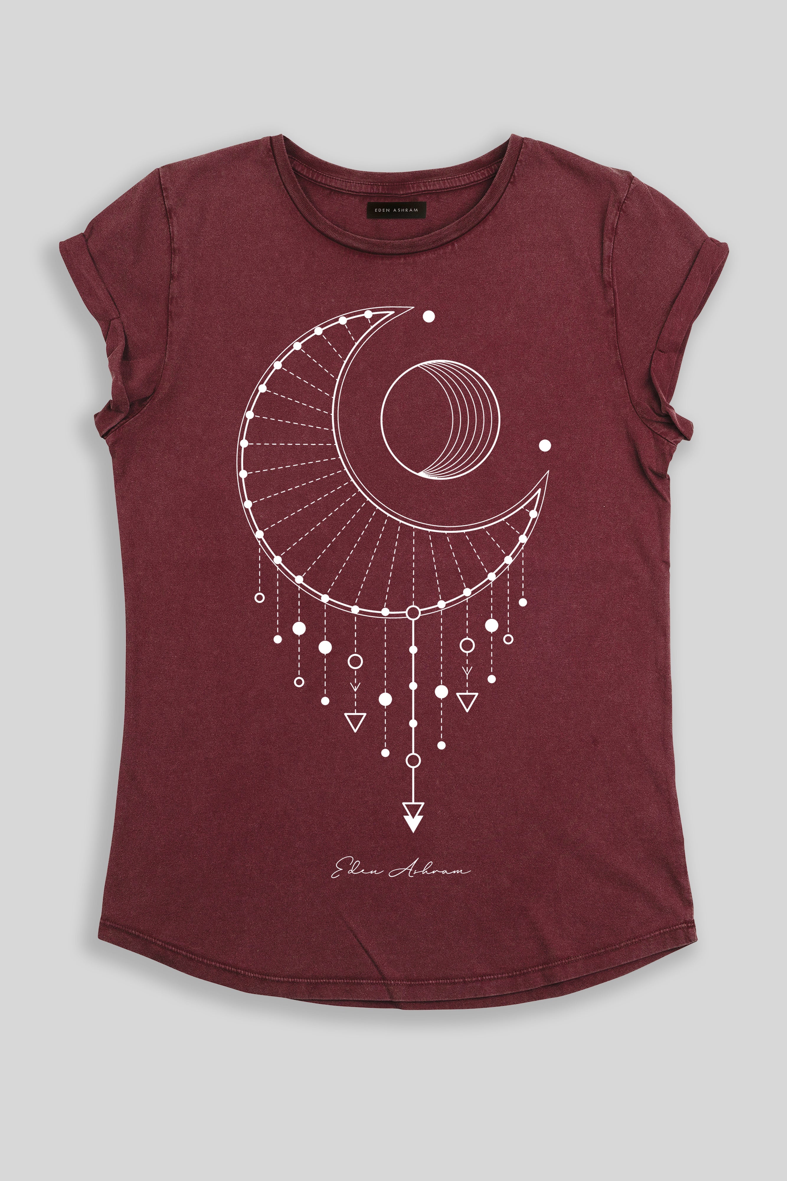 Eden Ashram Moon Catcher Premium Rolled Sleeve T-Shirt Stonewash Burgundy