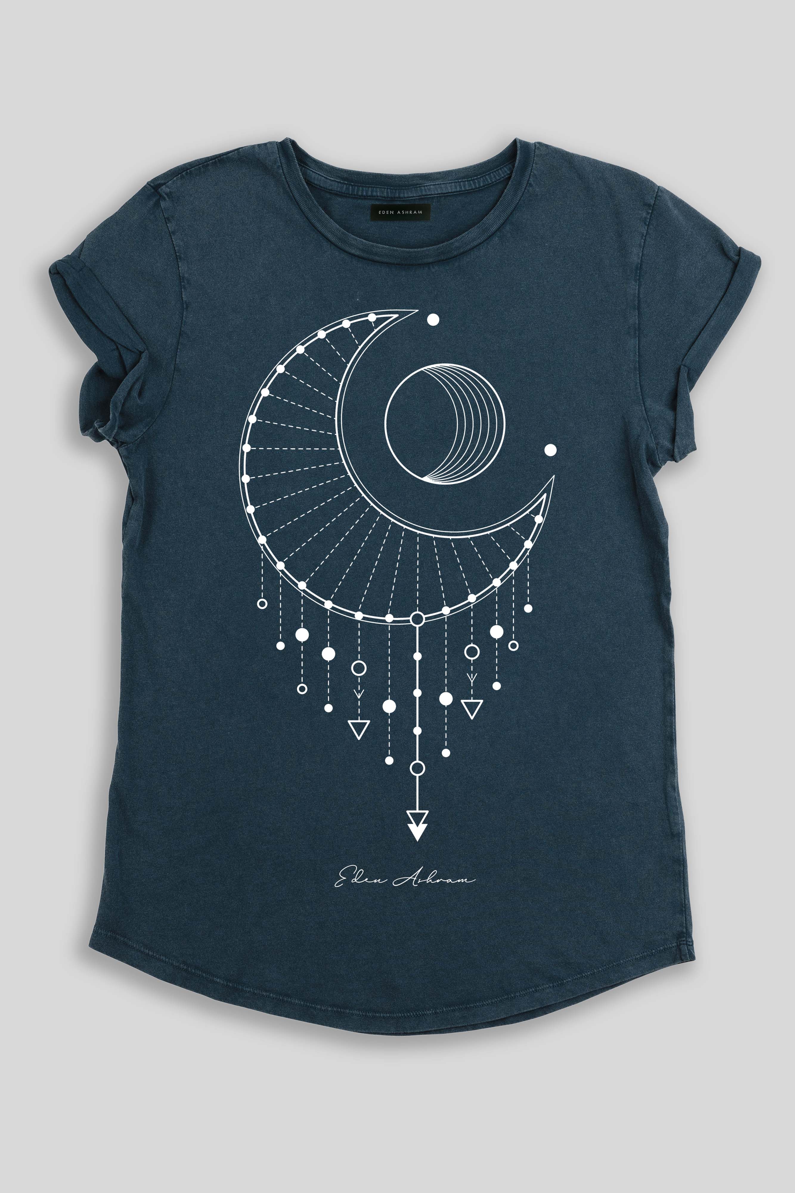 Eden Ashram Moon Catcher Premium Rolled Sleeve T-Shirt Stonewash Denim