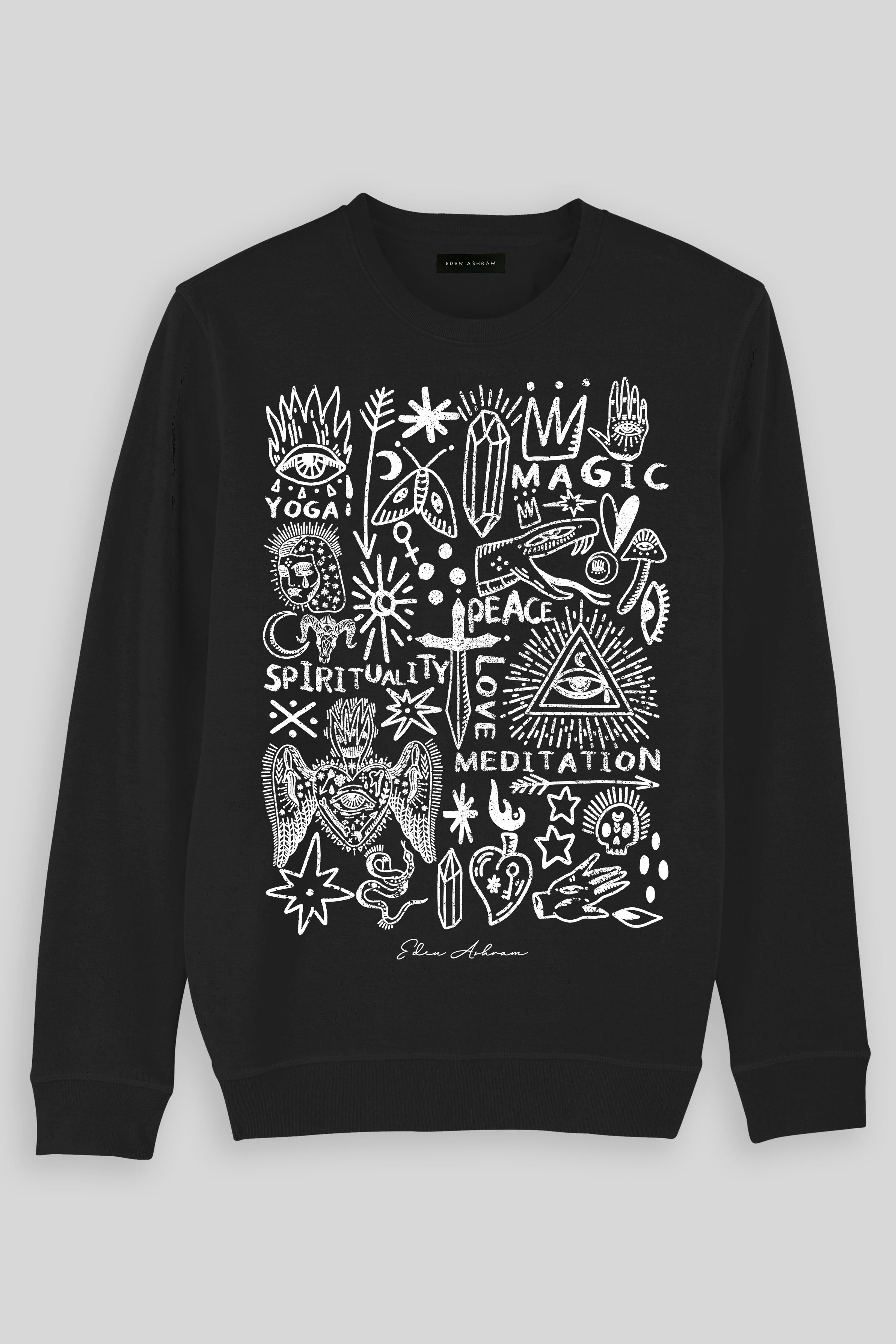 EDEN ASHRAM Mystical Symbols Organic Terry Sweatshirt Vintage Black