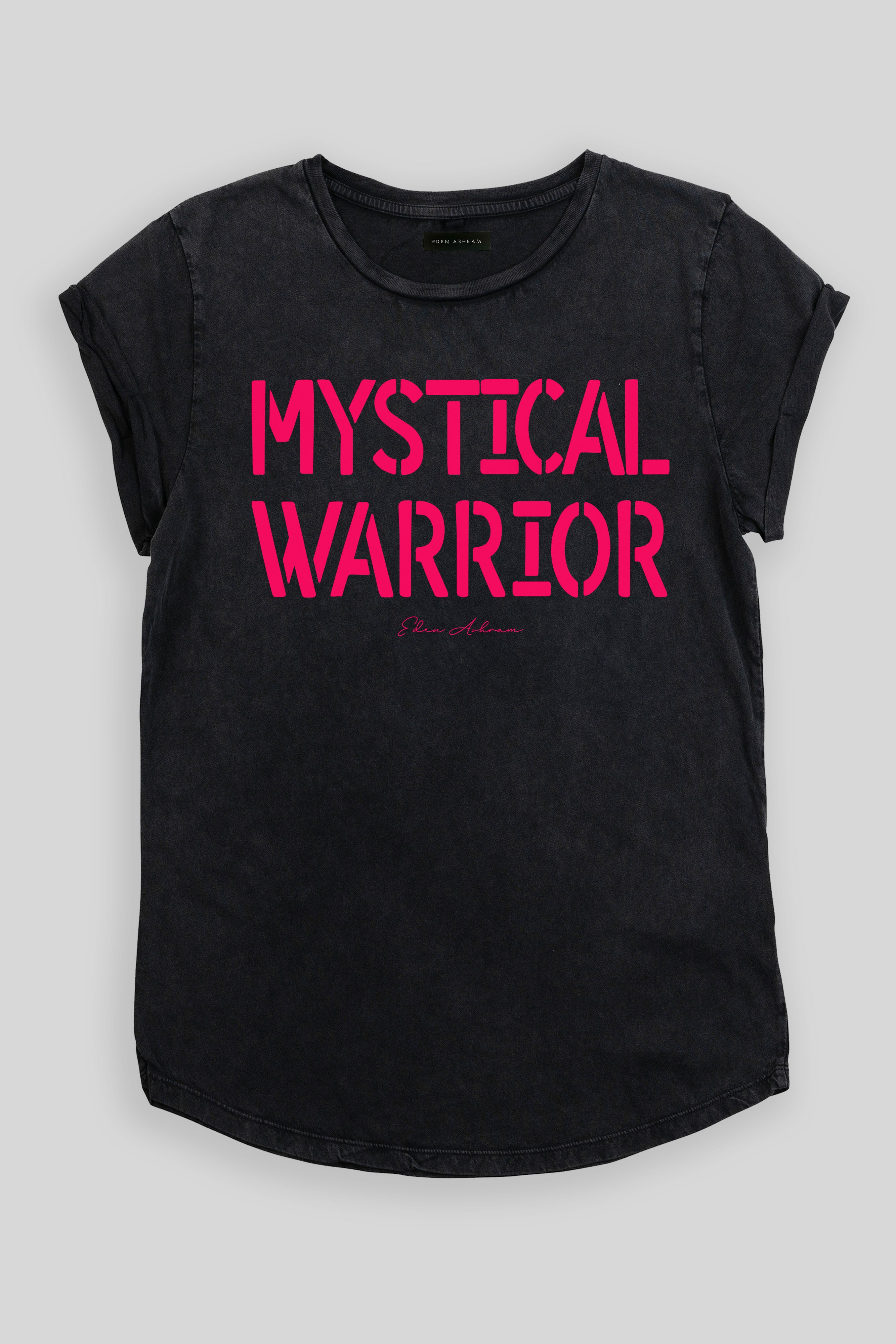 EDEN ASHRAM Mystical Warrior Rolled Sleeve T-Shirt Stonewash Black
