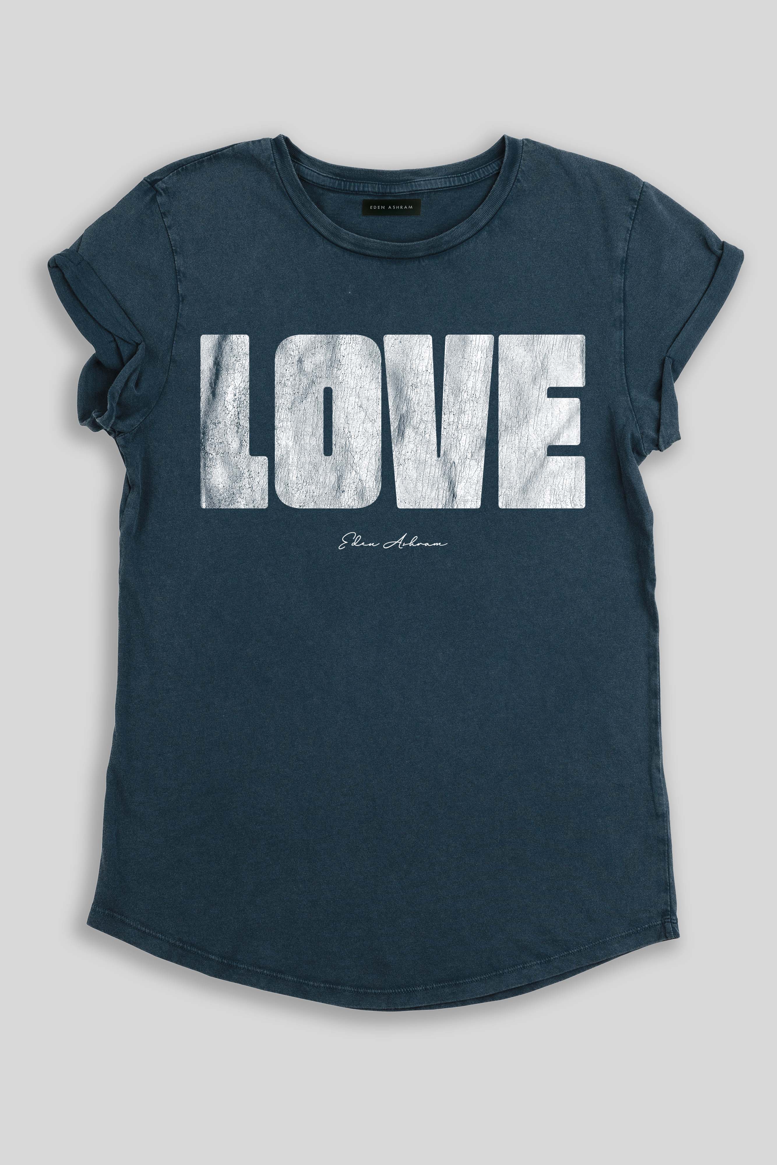 Eden Ashram LOVE 2.0 Premium Rolled Sleeve T-Shirt Stonewash Denim