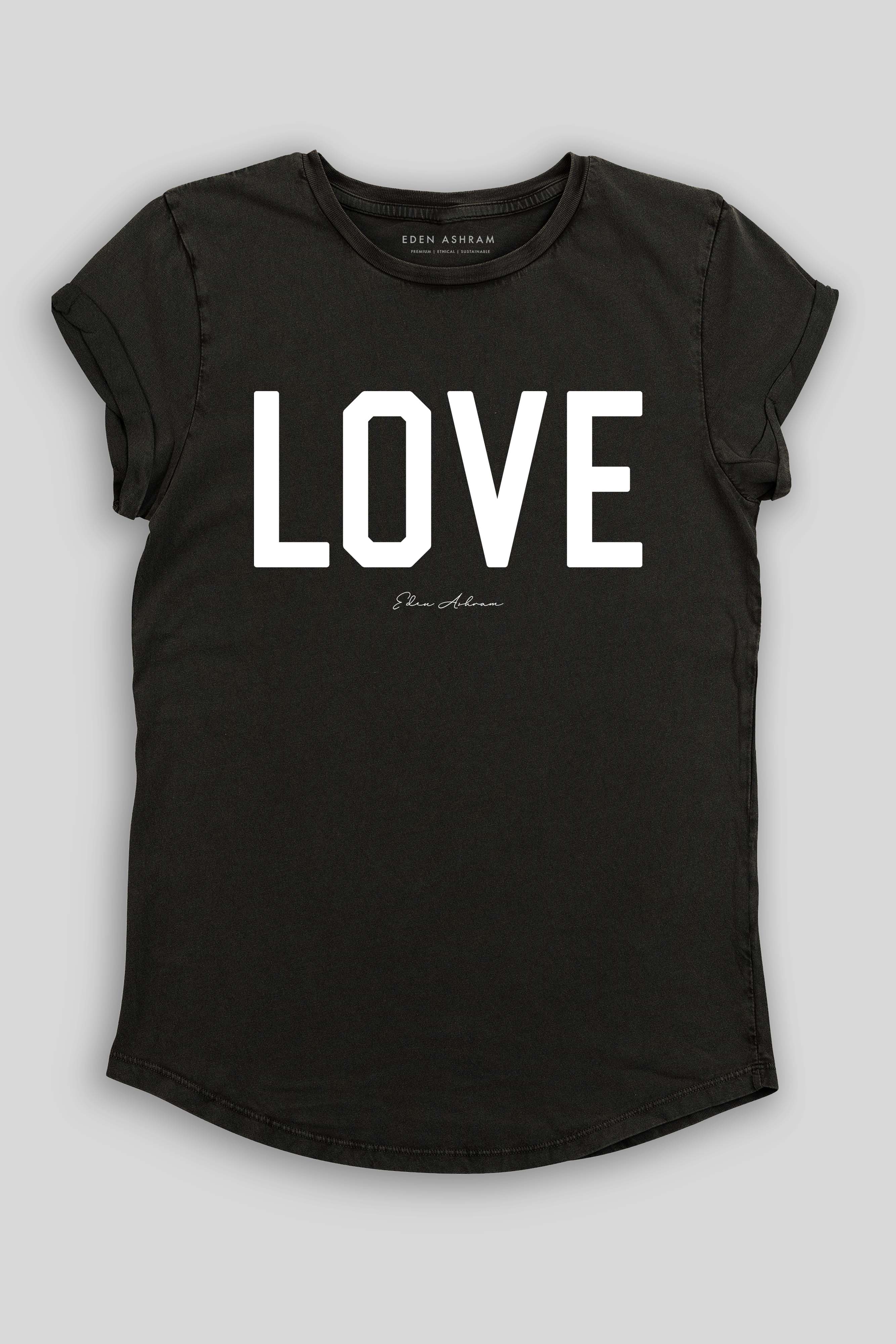 Eden Ashram LOVE Premium Rolled Sleeve T-Shirt Stonewash Black