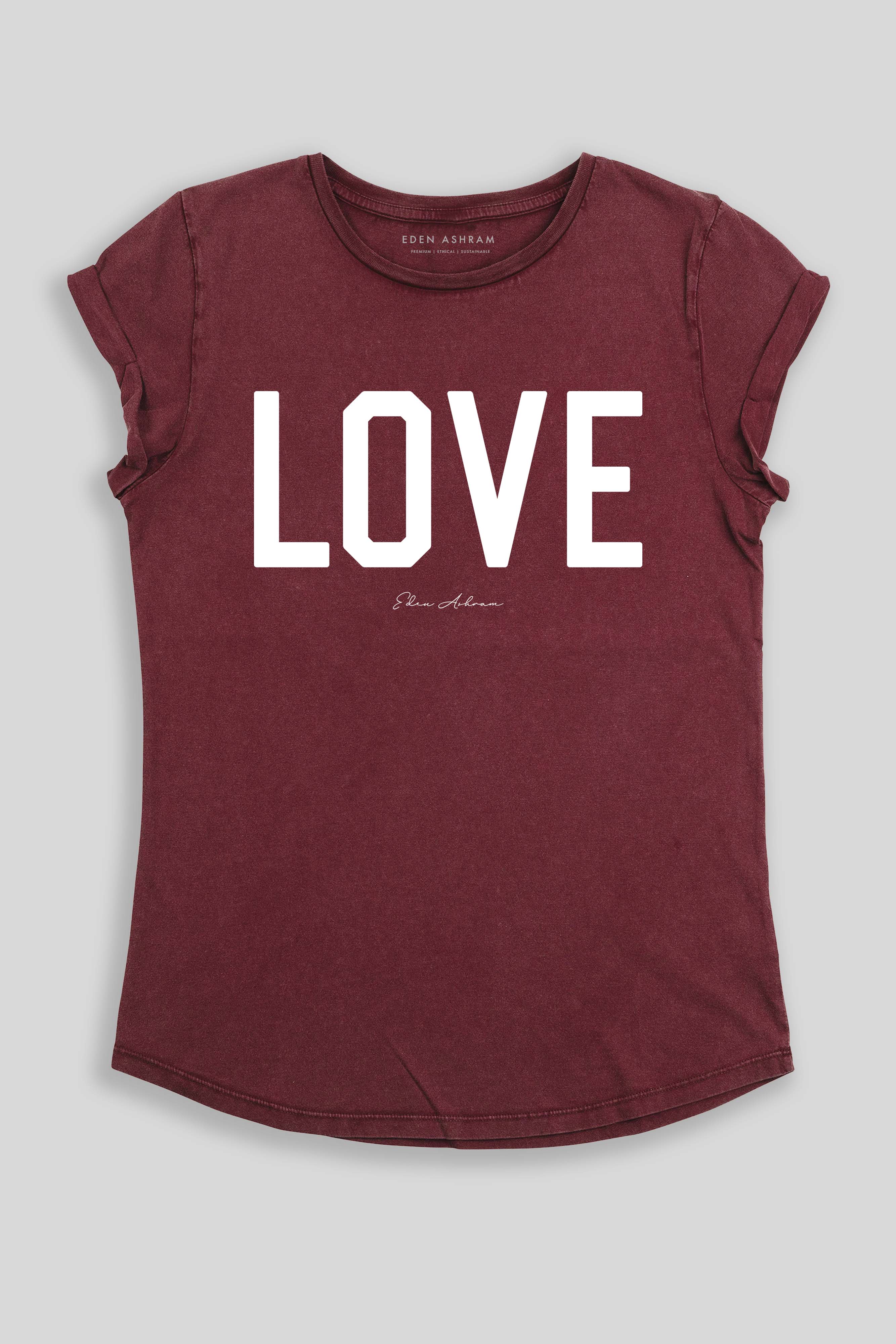 Eden Ashram LOVE Premium Rolled Sleeve T-Shirt Stonewash Burgundy