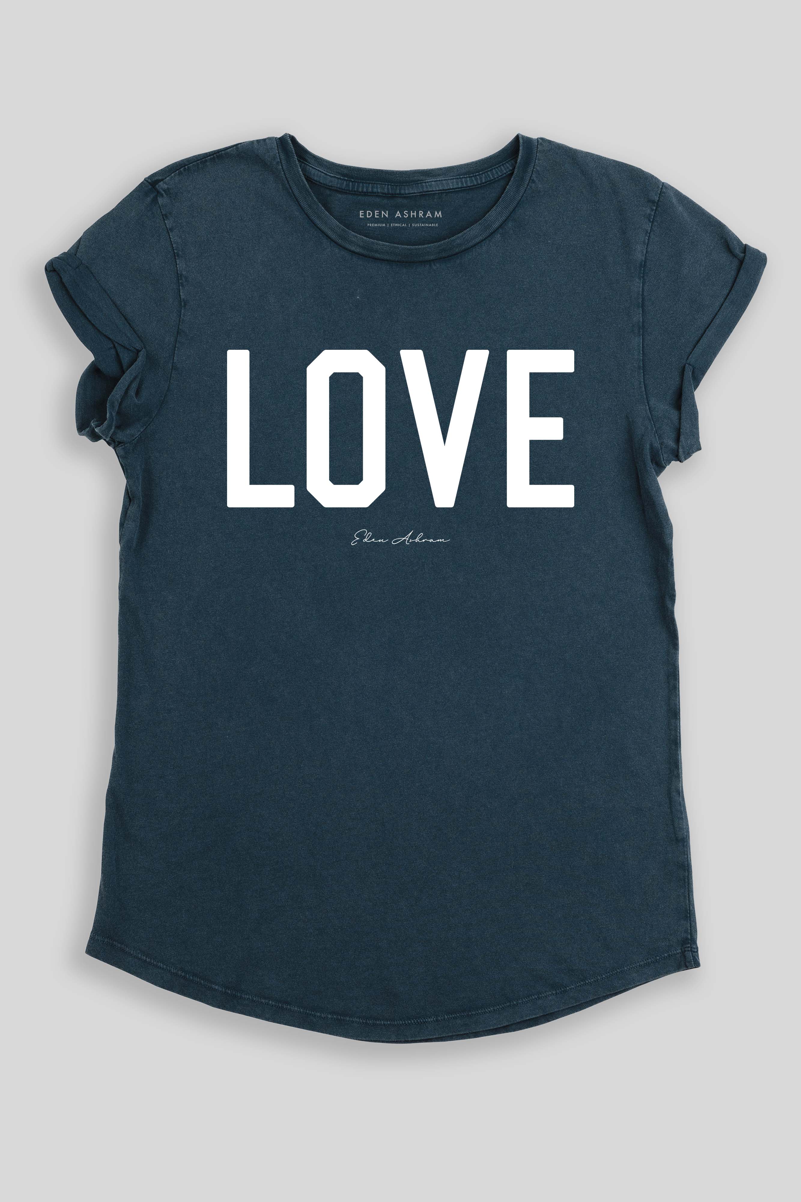 Eden Ashram LOVE Premium Rolled Sleeve T-Shirt Stonewash Denim
