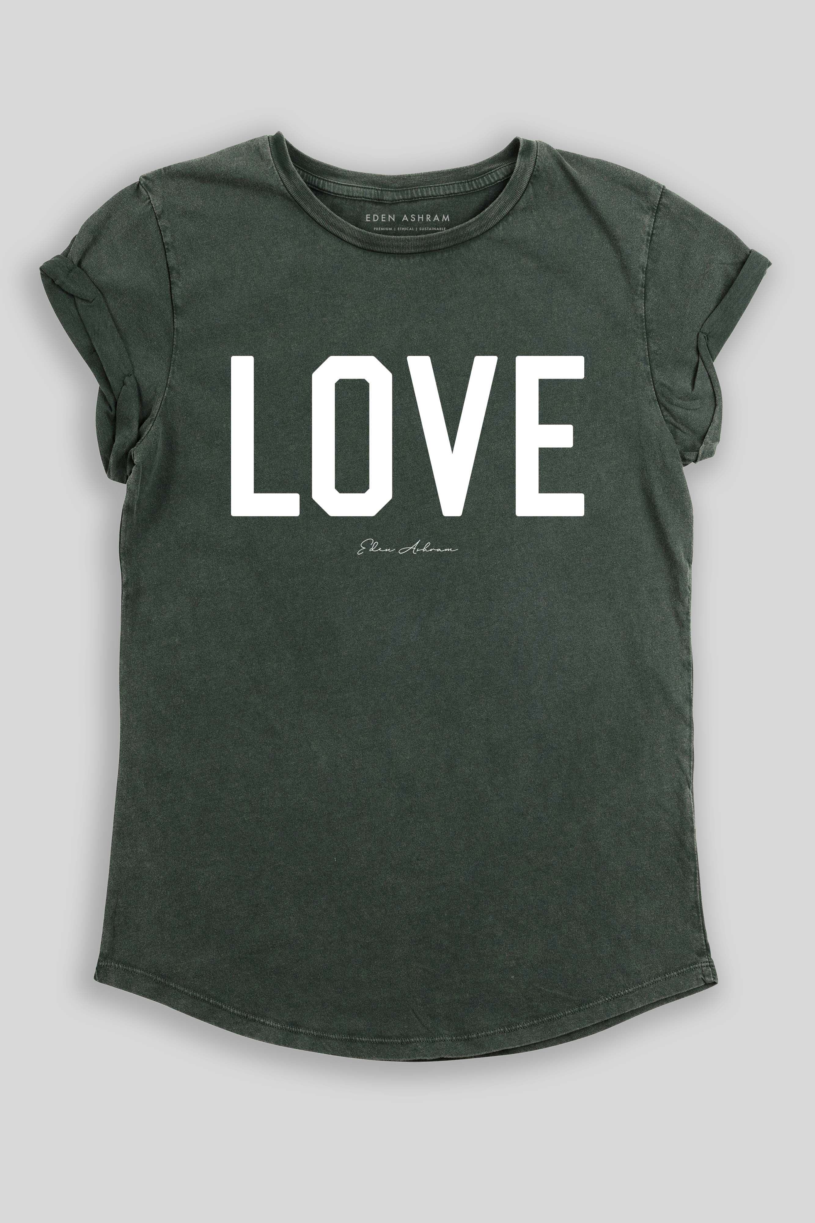 Eden Ashram LOVE Premium Rolled Sleeve T-Shirt Stonewash Green
