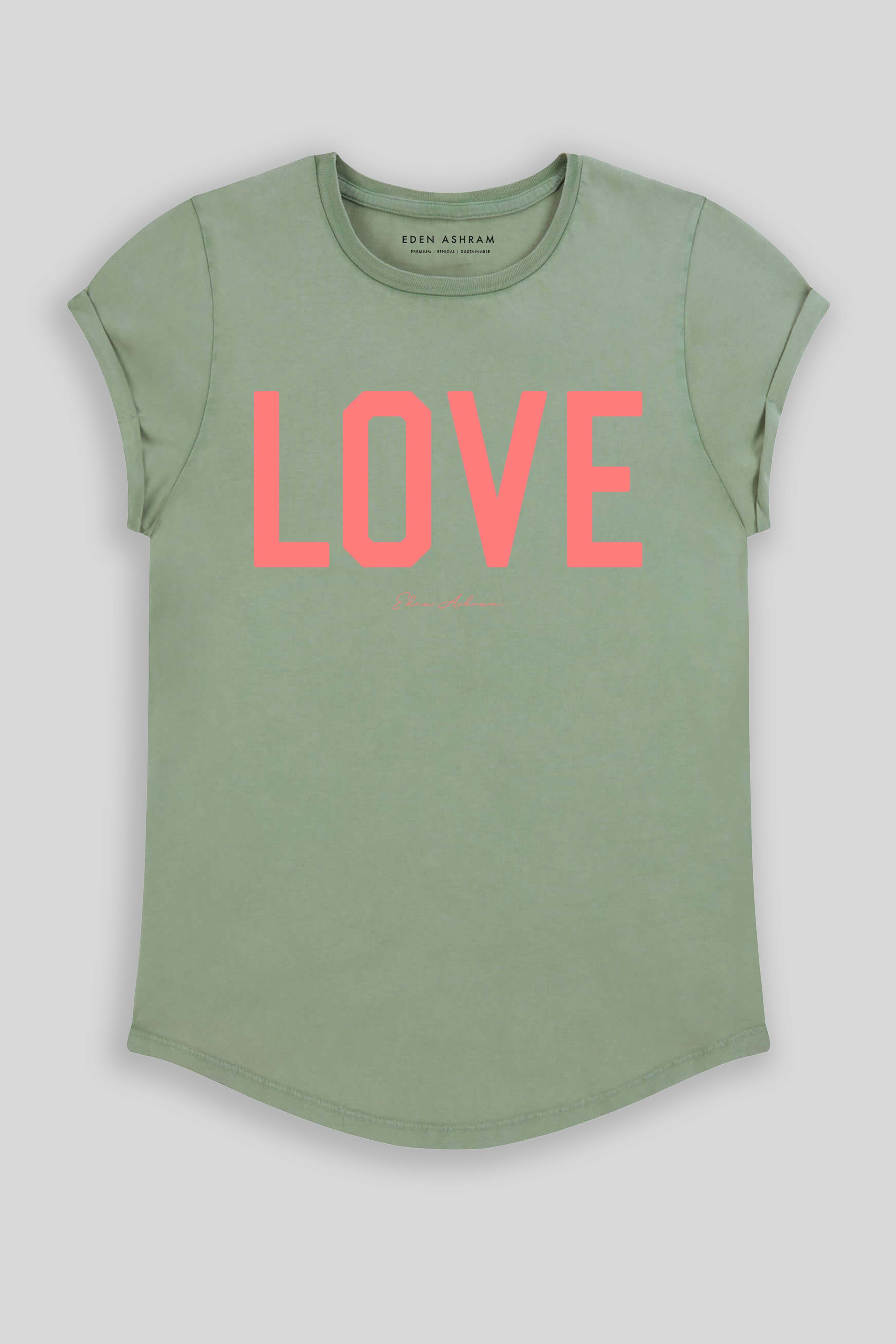 Eden Ashram LOVE Premium Rolled Sleeve T-Shirt Stonewash Sage
