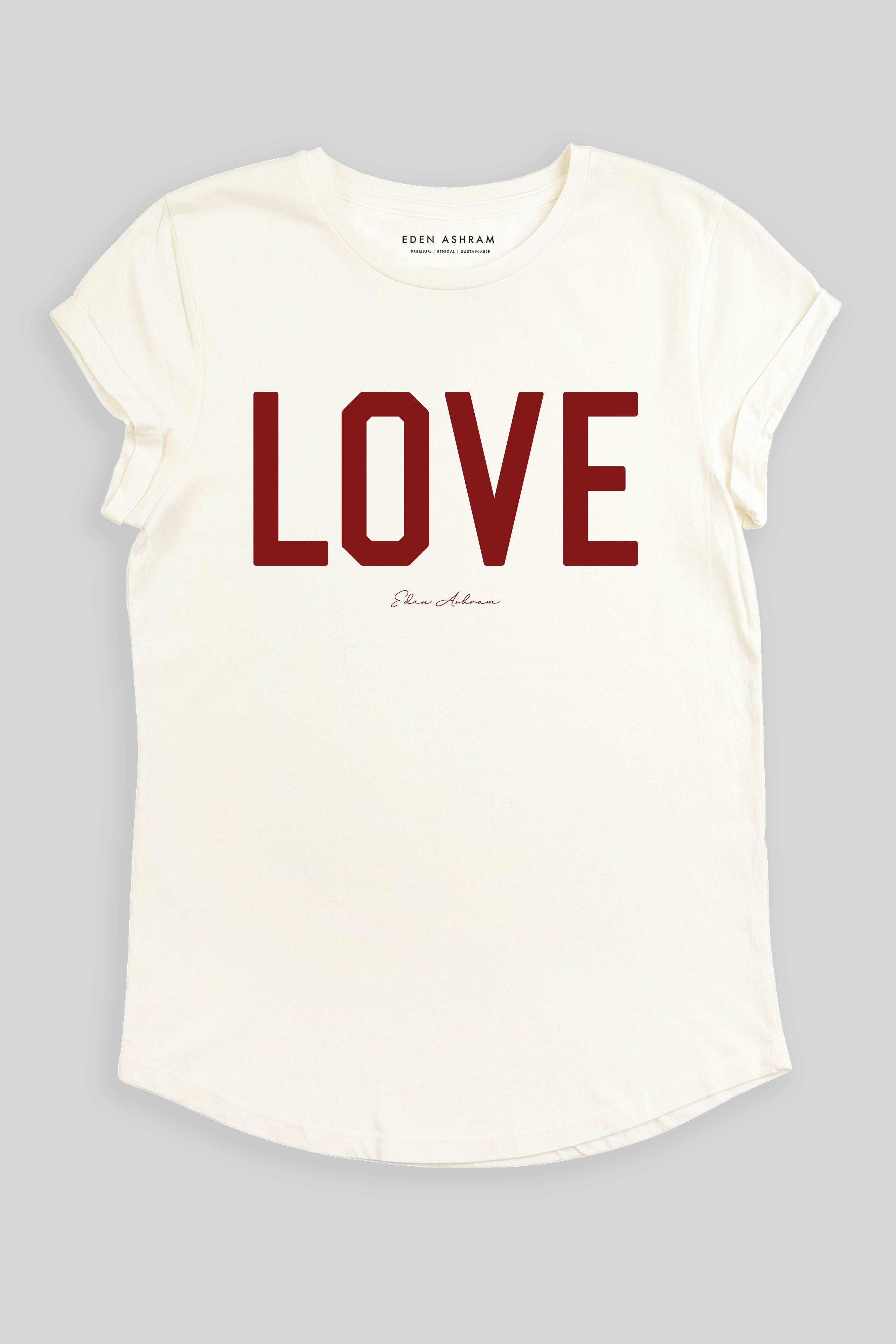 Eden Ashram LOVE Premium Rolled Sleeve T-Shirt Stonewash White